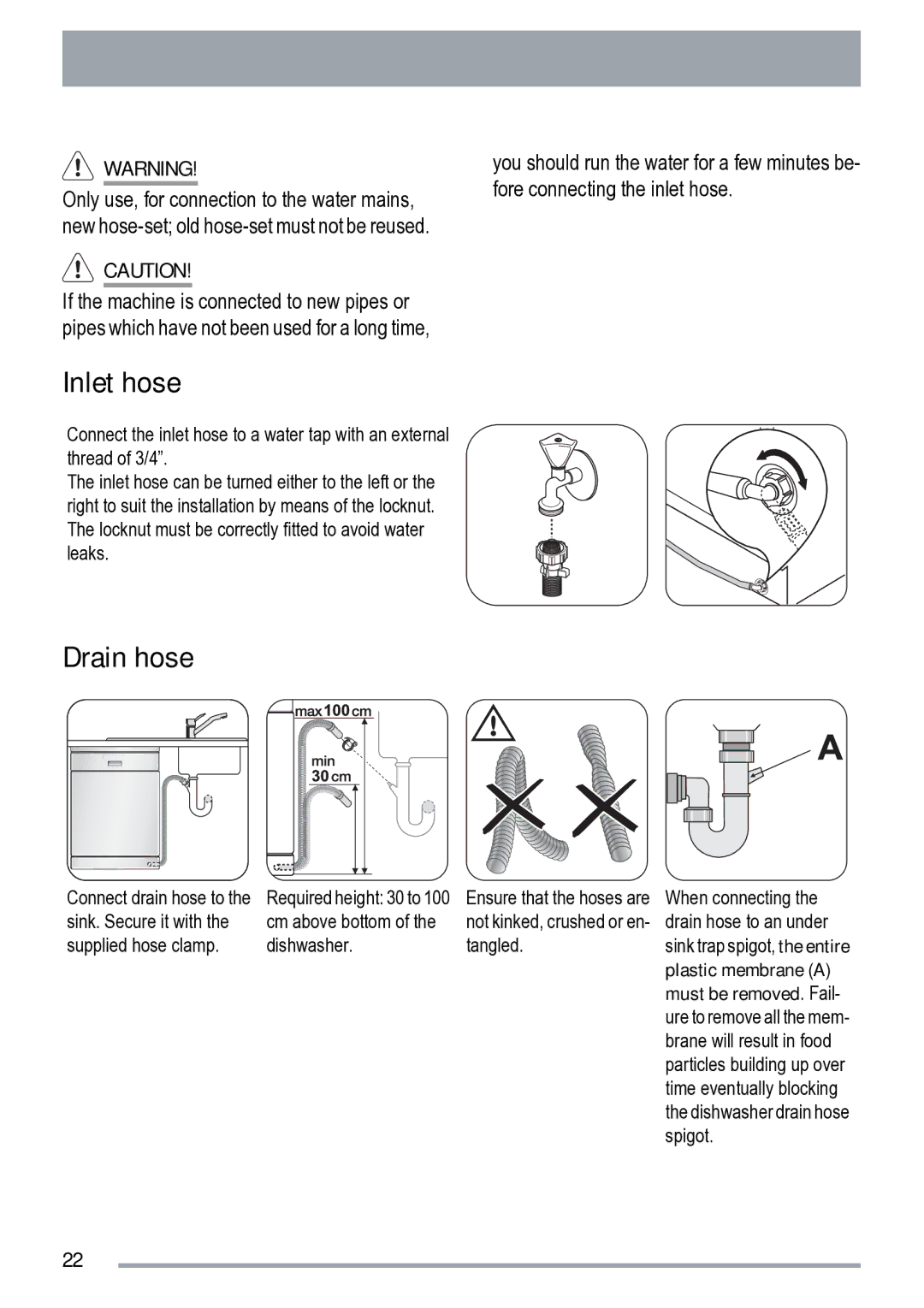 Zanussi ZDF 222 manual Inlet hose, Drain hose 