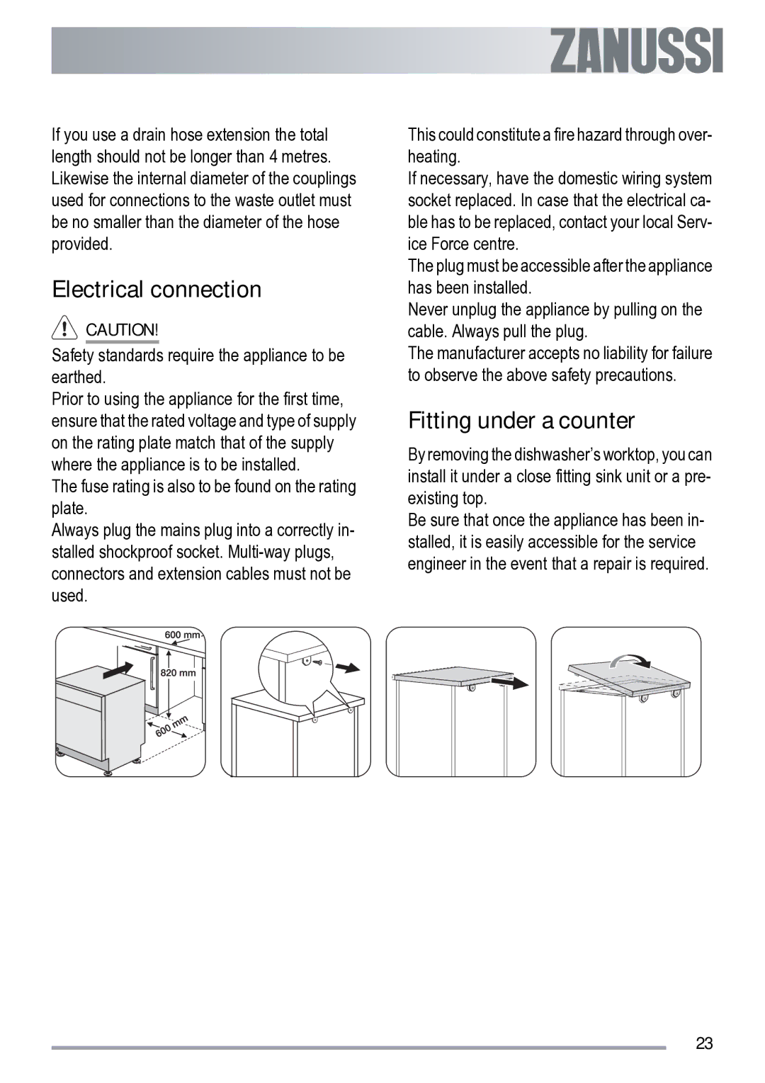 Zanussi ZDF 222 manual Electrical connection, Fitting under a counter 