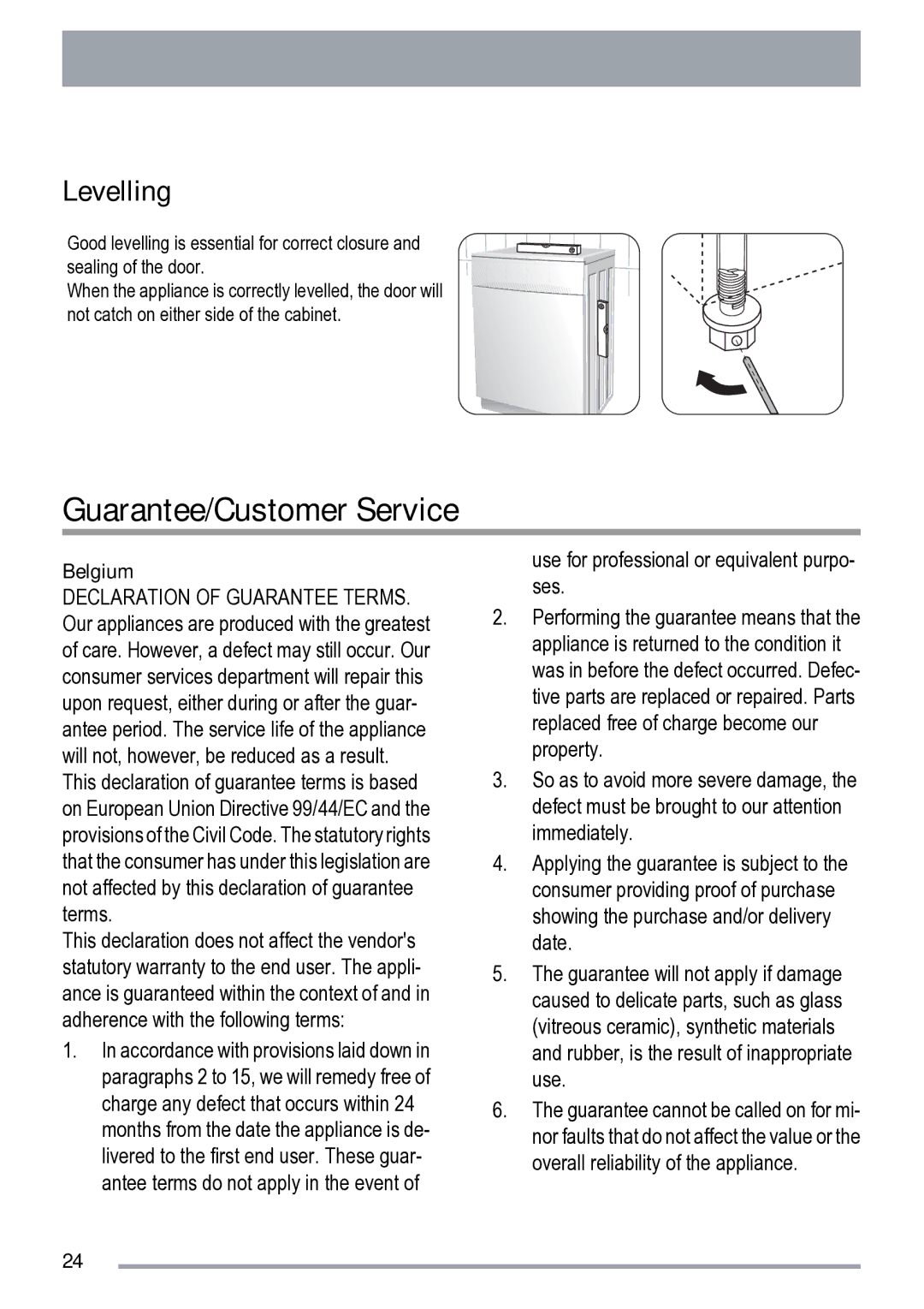 Zanussi ZDF 222 manual Guarantee/Customer Service, Levelling 