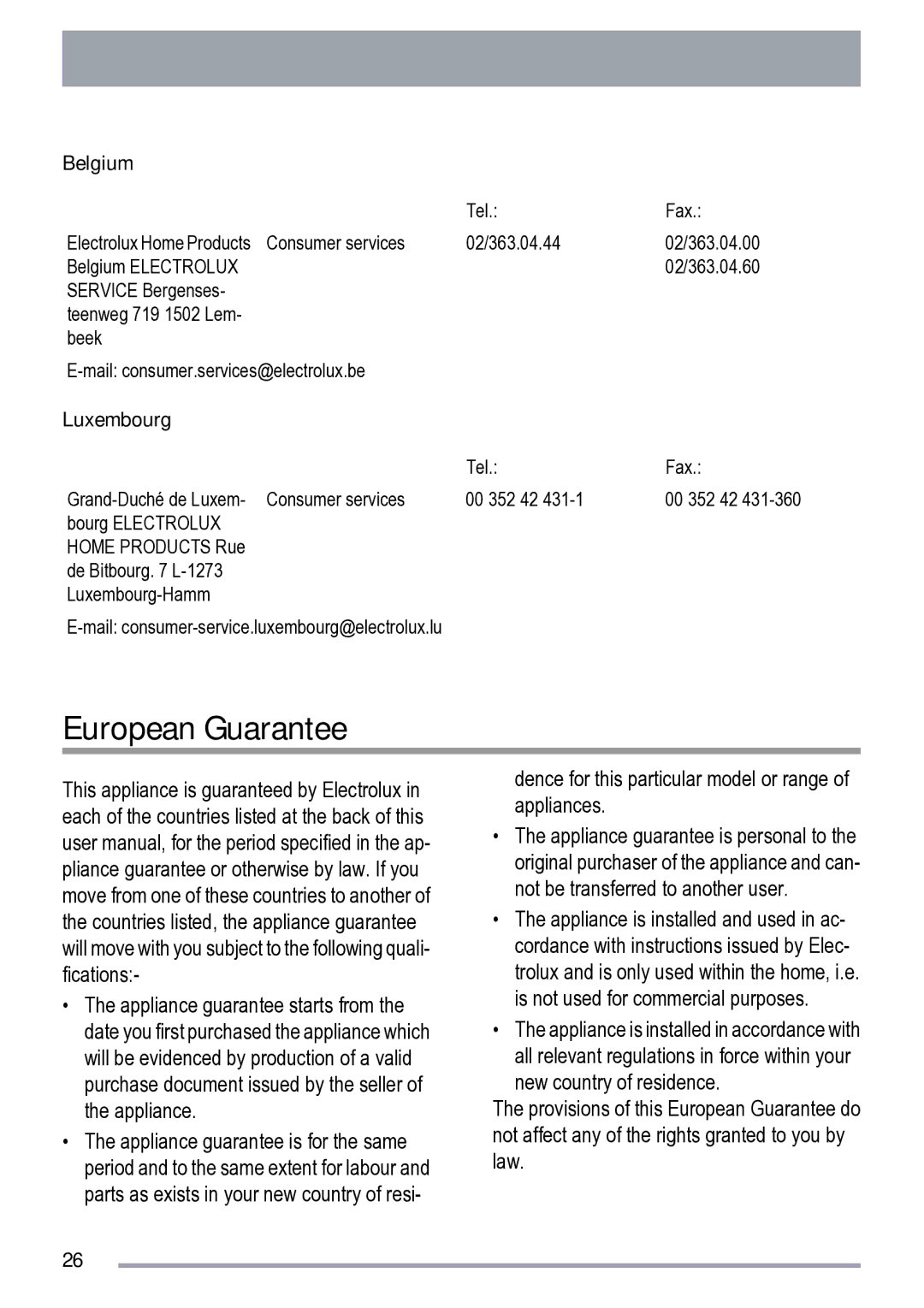 Zanussi ZDF 222 manual European Guarantee, Luxembourg 