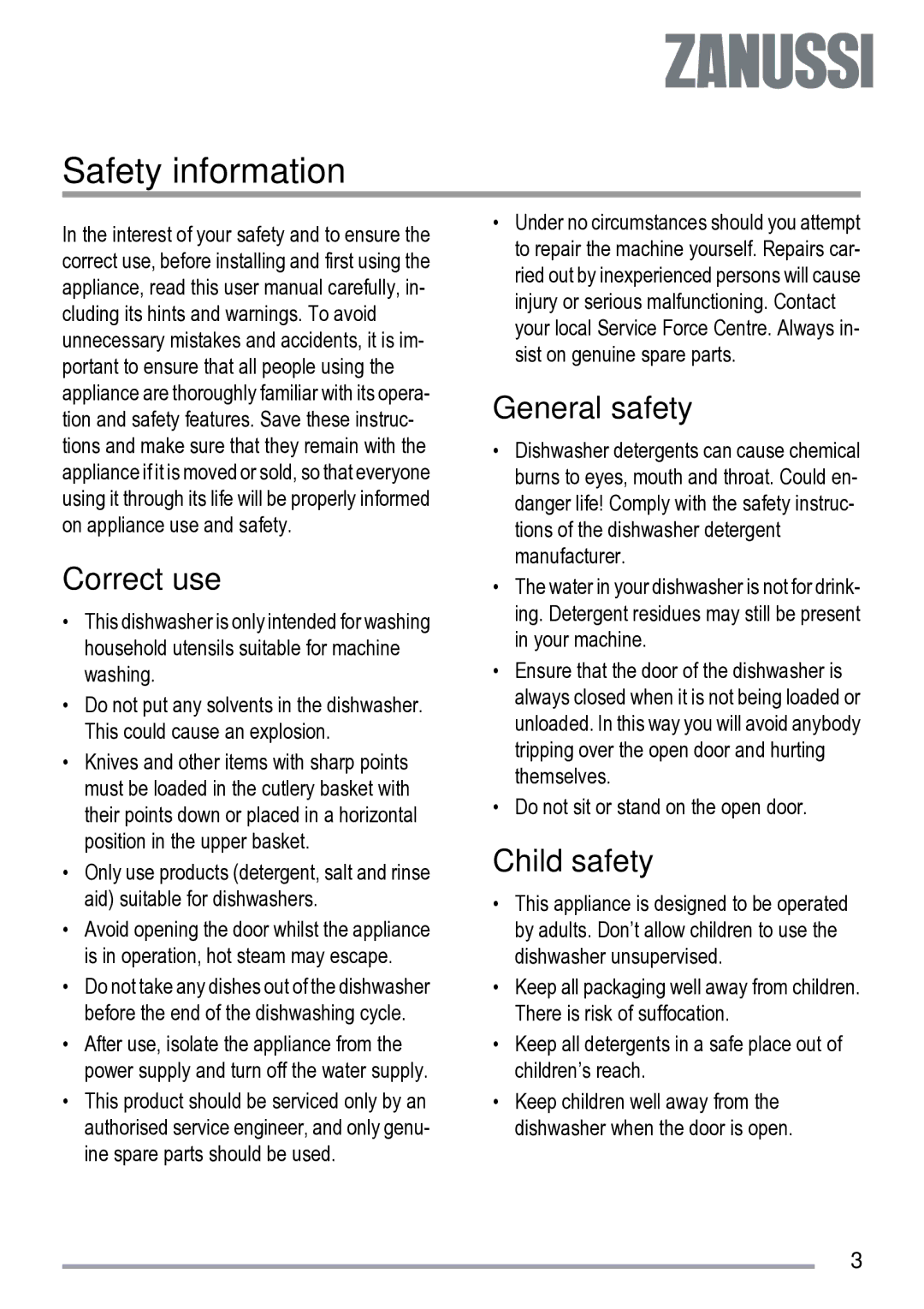 Zanussi ZDF 222 manual Safety information, Correct use, General safety, Child safety 