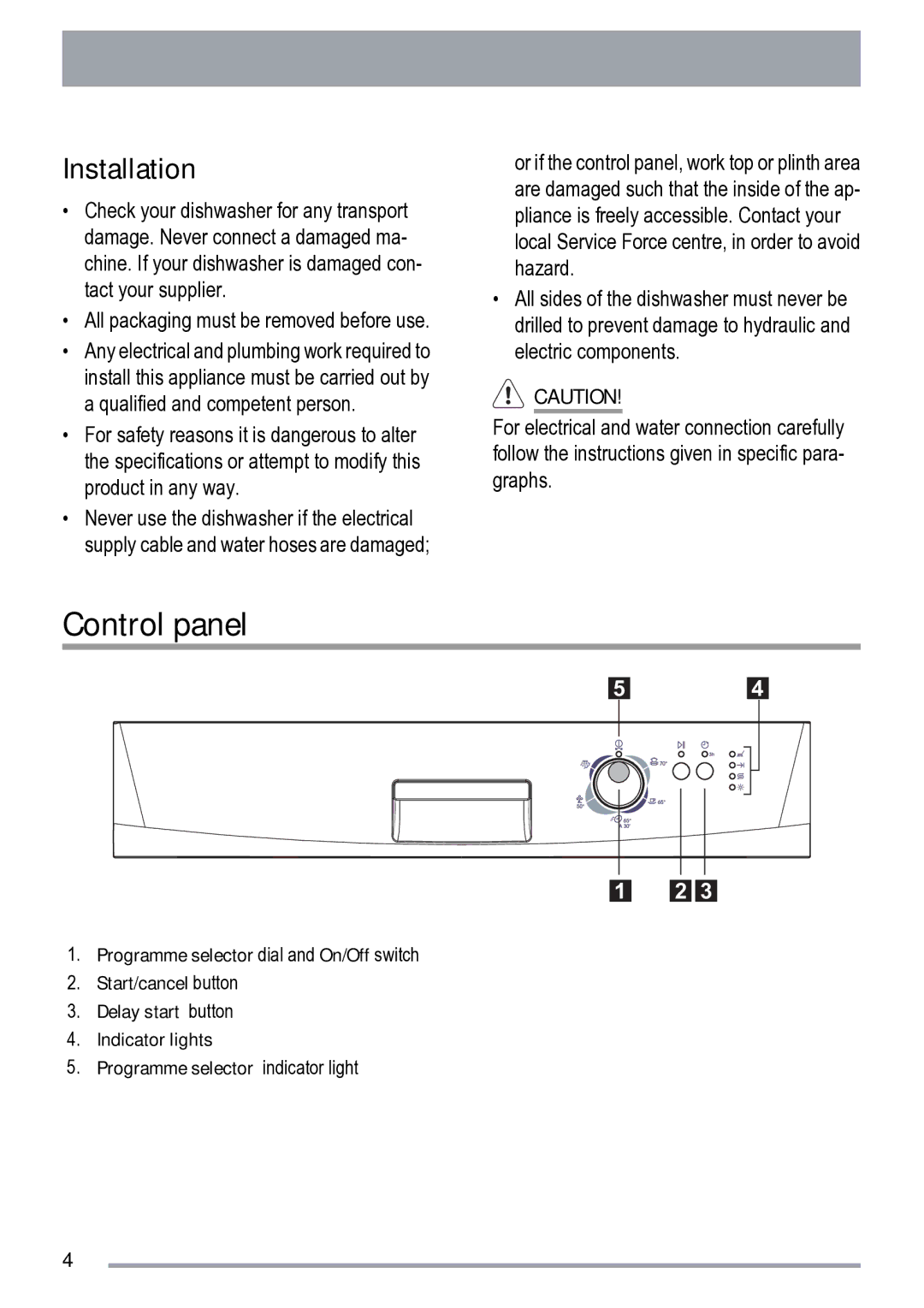 Zanussi ZDF 222 manual Control panel, Installation 
