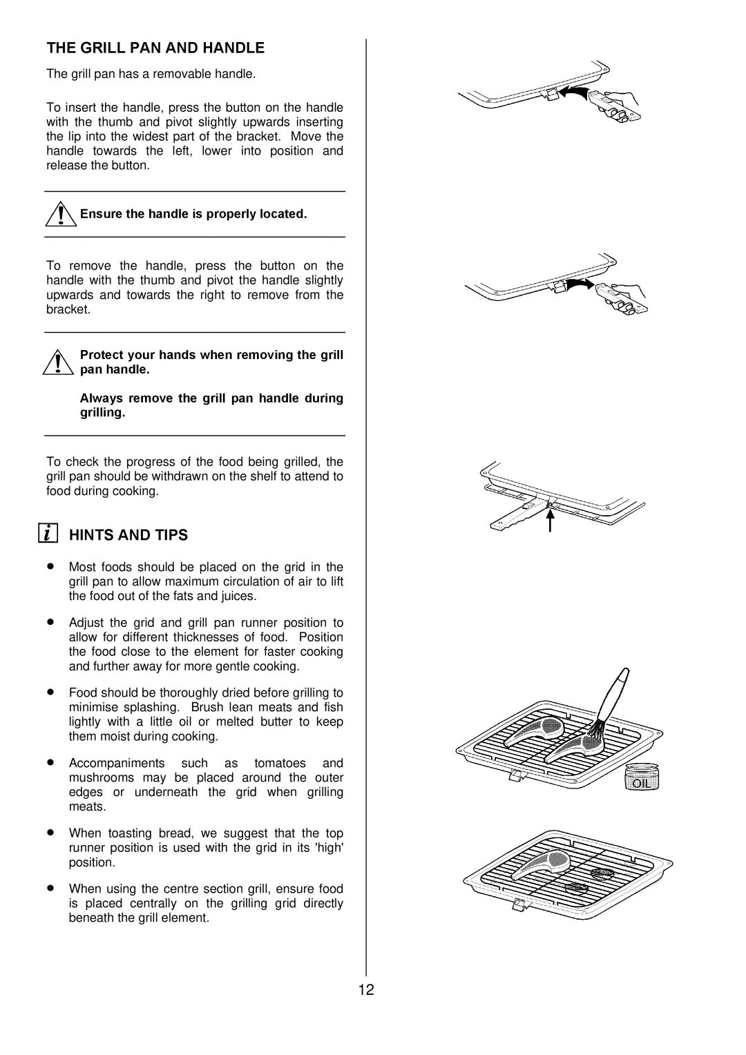 Zanussi ZDF 290 manual Grill PAN and Handle, Hints and Tips, Ensure the handle is properly located 