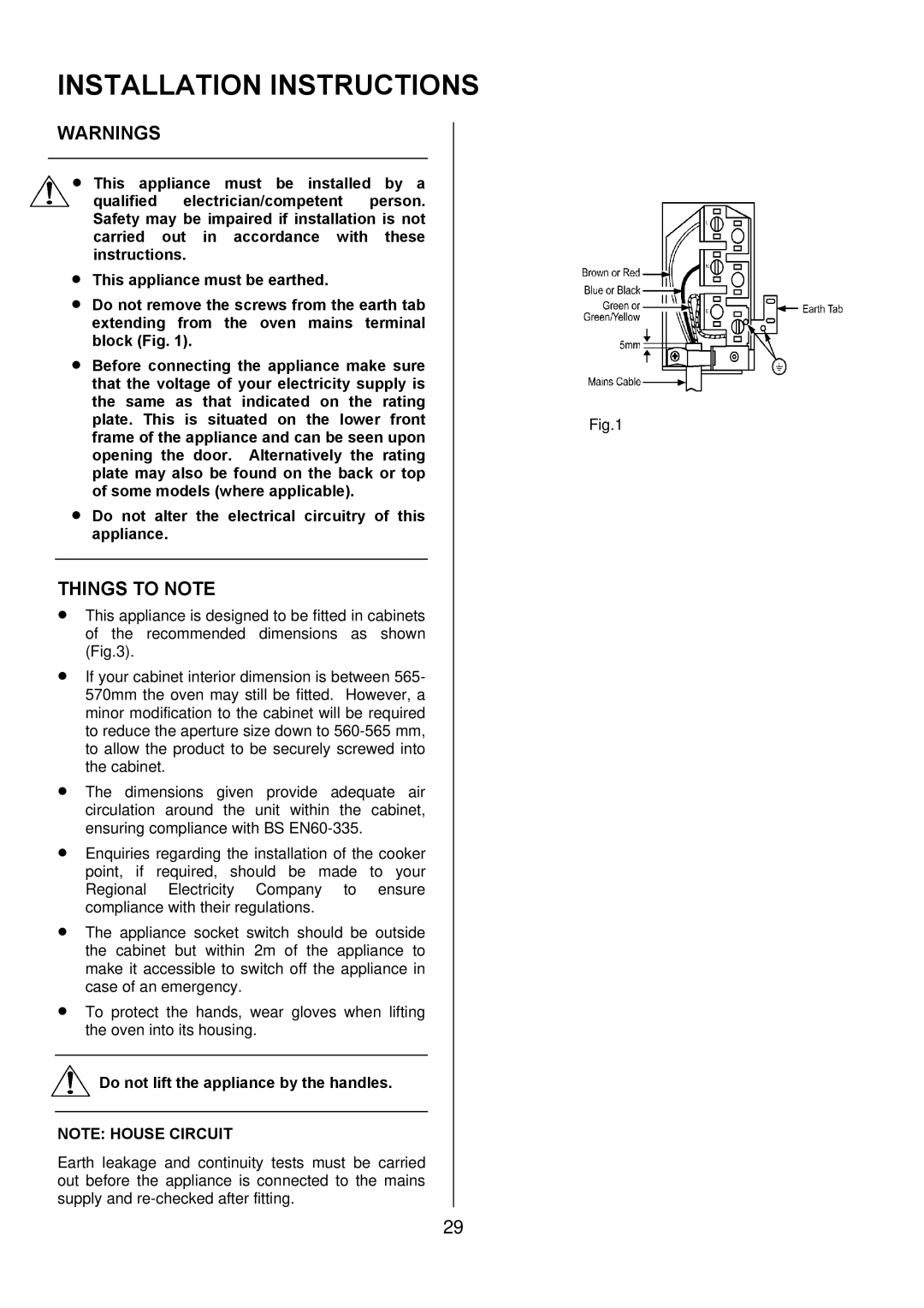 Zanussi ZDF 290 manual Installation Instructions, Do not lift the appliance by the handles 