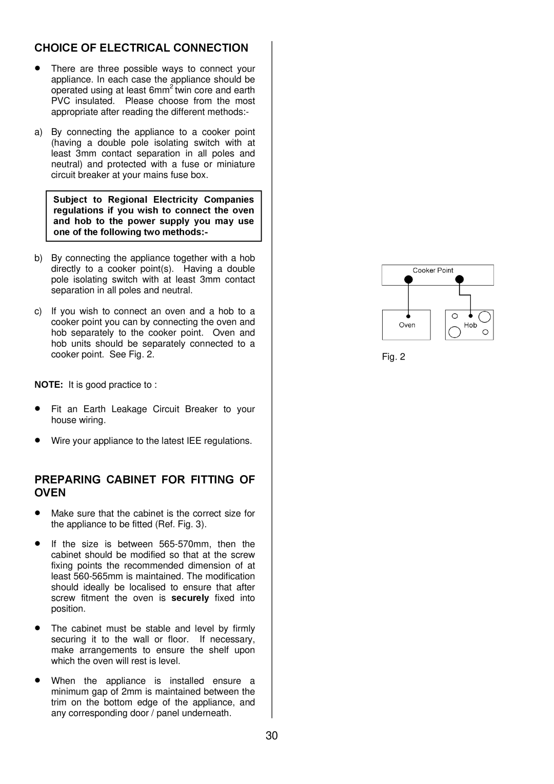 Zanussi ZDF 290 manual Choice of Electrical Connection, Preparing Cabinet for Fitting of Oven 