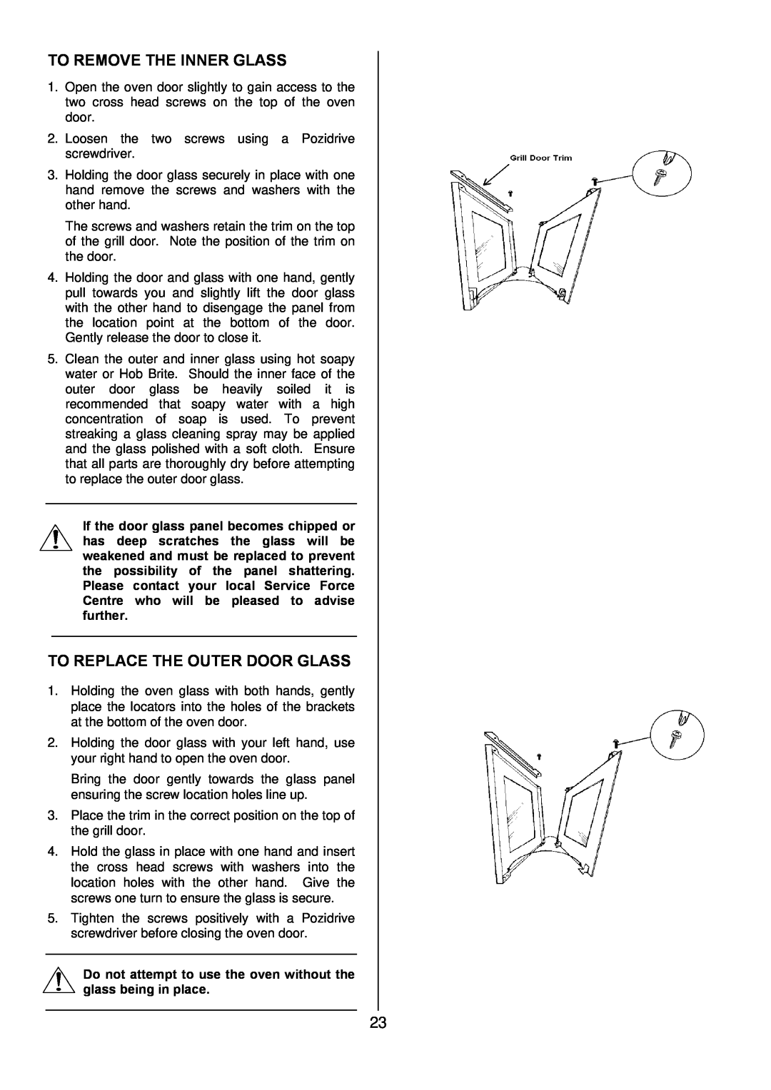 Zanussi ZDF 290 manual To Remove The Inner Glass, To Replace The Outer Door Glass 