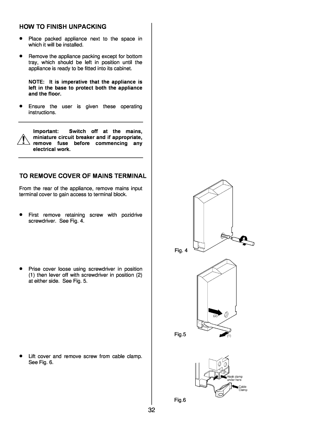 Zanussi ZDF 290 manual How To Finish Unpacking, To Remove Cover Of Mains Terminal 