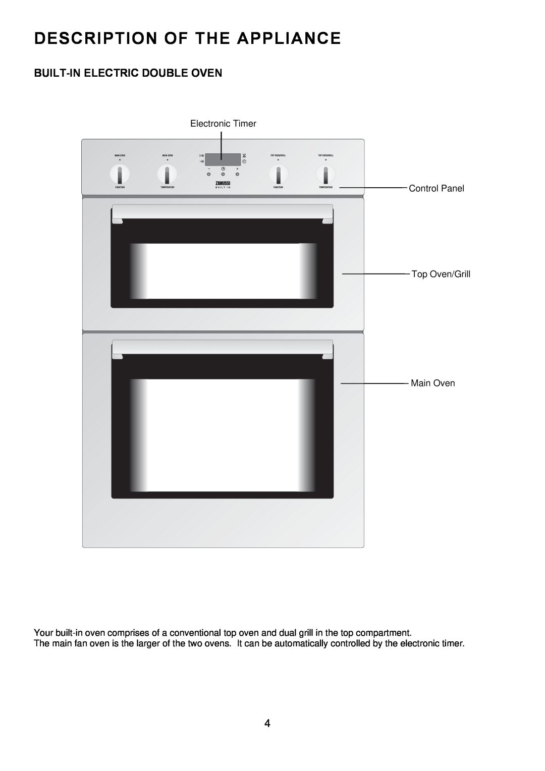 Zanussi ZDF 290 manual Description Of The Appliance, Built-In Electric Double Oven 