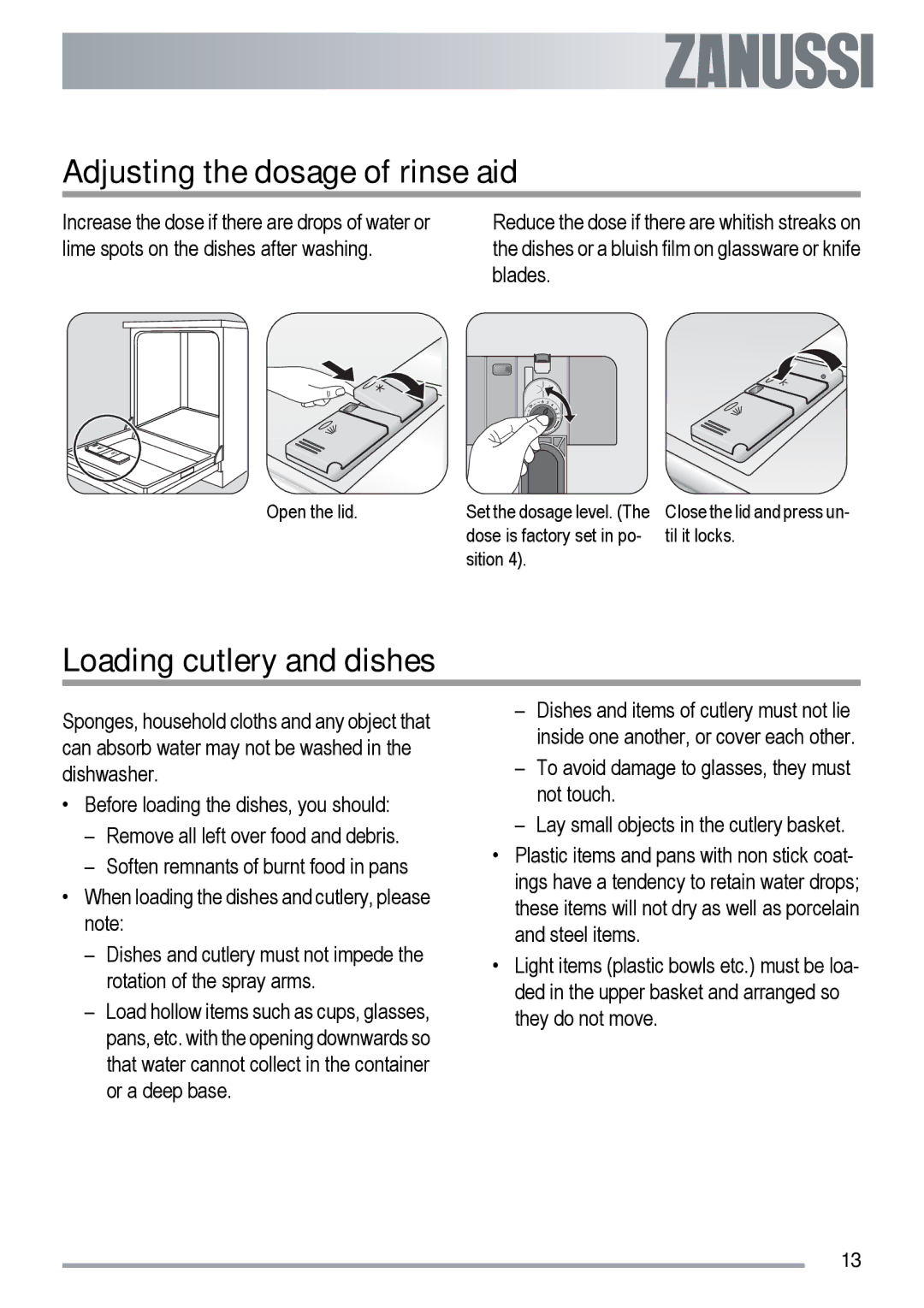 Zanussi ZDF 312 user manual Adjusting the dosage of rinse aid, Loading cutlery and dishes 