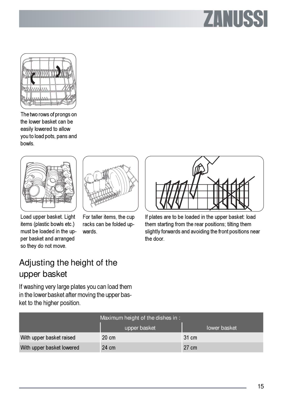 Zanussi ZDF 312 Adjusting the height of the upper basket, Maximum height of the dishes Upper basket, Lower basket 