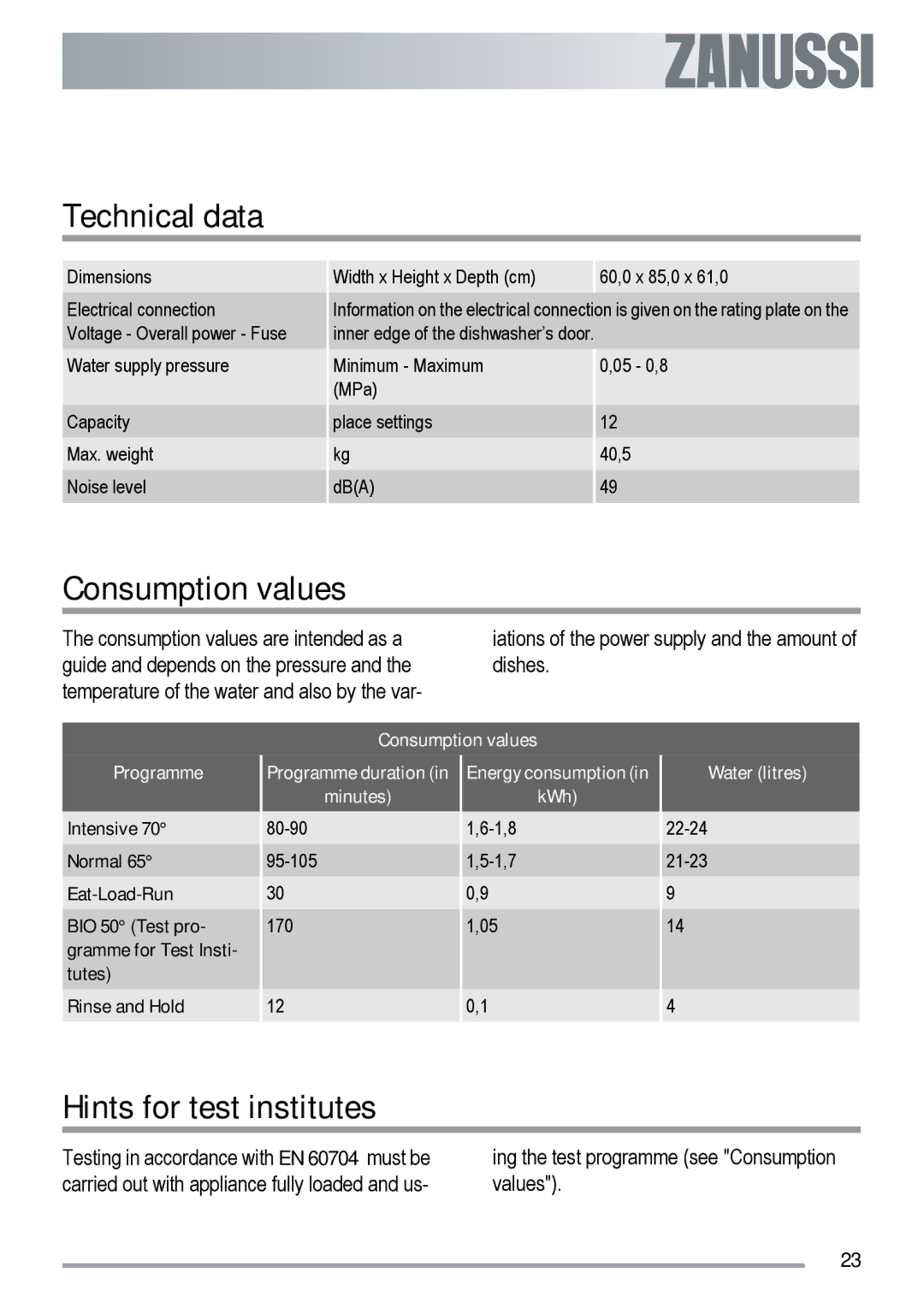 Zanussi ZDF 312 user manual Technical data, Consumption values, Hints for test institutes 