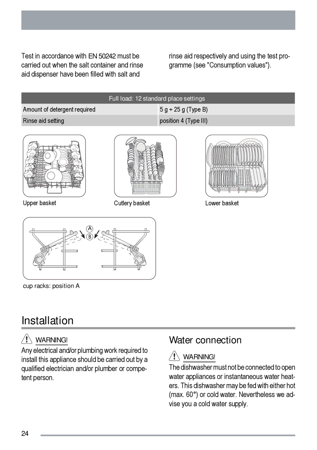 Zanussi ZDF 312 user manual Installation, Water connection, Full load 12 standard place settings, Cup racks position a 