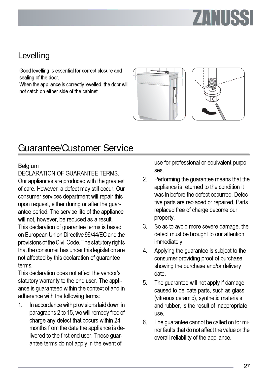 Zanussi ZDF 312 user manual Guarantee/Customer Service, Levelling 