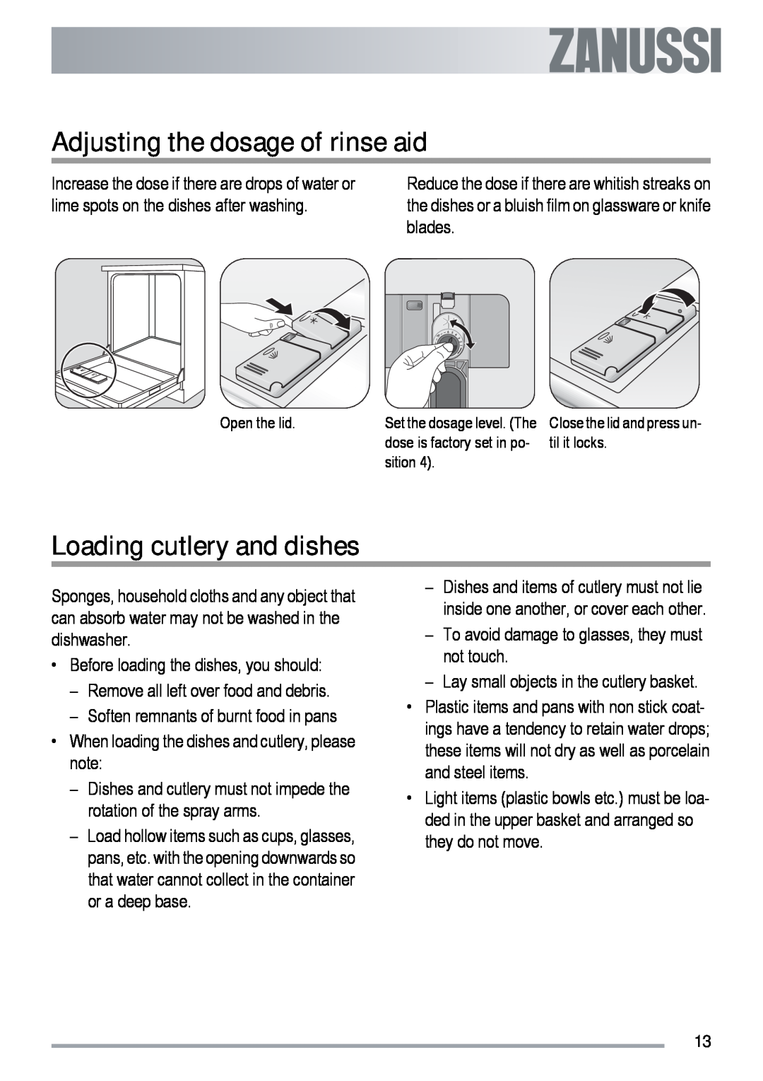 Zanussi ZDF 312 user manual Adjusting the dosage of rinse aid, Loading cutlery and dishes 