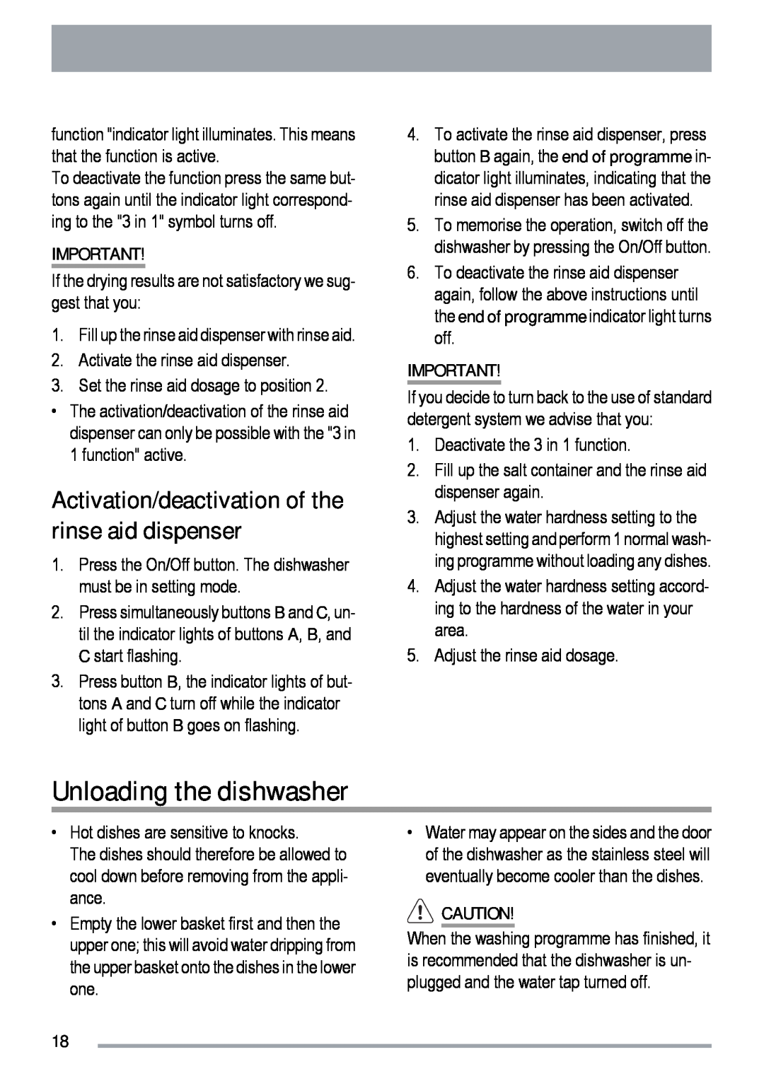 Zanussi ZDF 312 user manual Unloading the dishwasher, Activation/deactivation of the rinse aid dispenser 