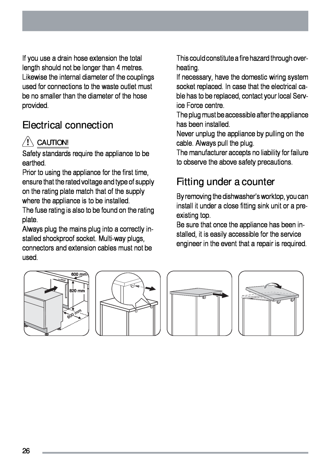 Zanussi ZDF 312 user manual Electrical connection, Fitting under a counter 