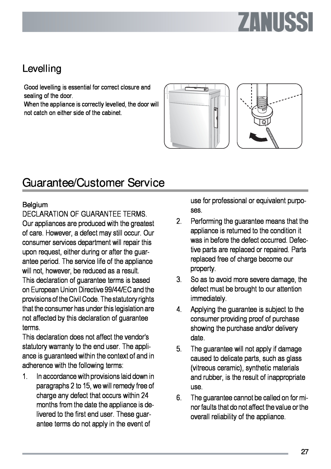 Zanussi ZDF 312 user manual Guarantee/Customer Service, Levelling, Belgium 