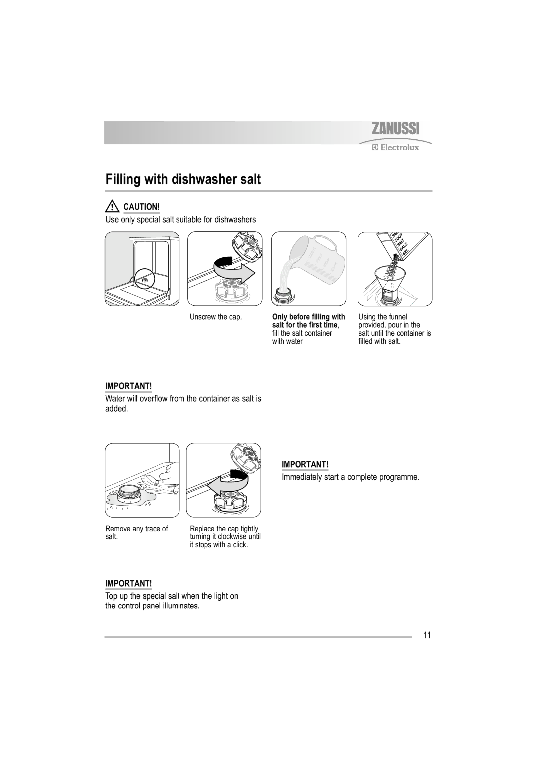 Zanussi ZDF 501 user manual Filling with dishwasher salt, Use only special salt suitable for dishwashers 