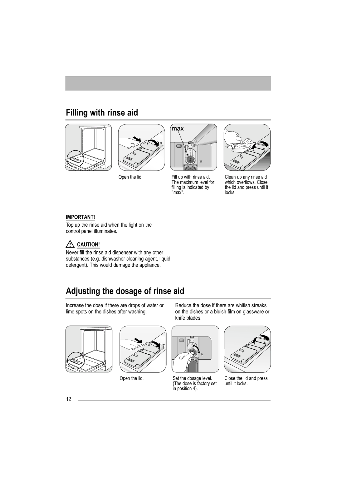 Zanussi ZDF 501 user manual Filling with rinse aid, Adjusting the dosage of rinse aid 