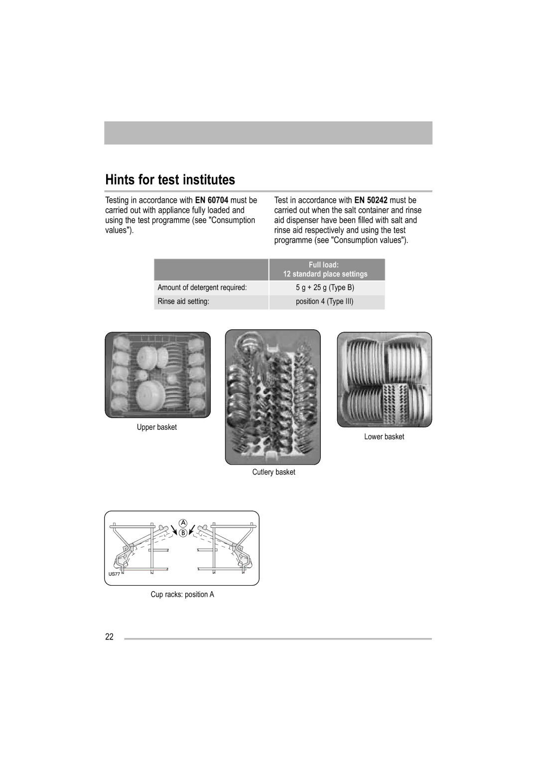 Zanussi ZDF 501 user manual Hints for test institutes, Full load 