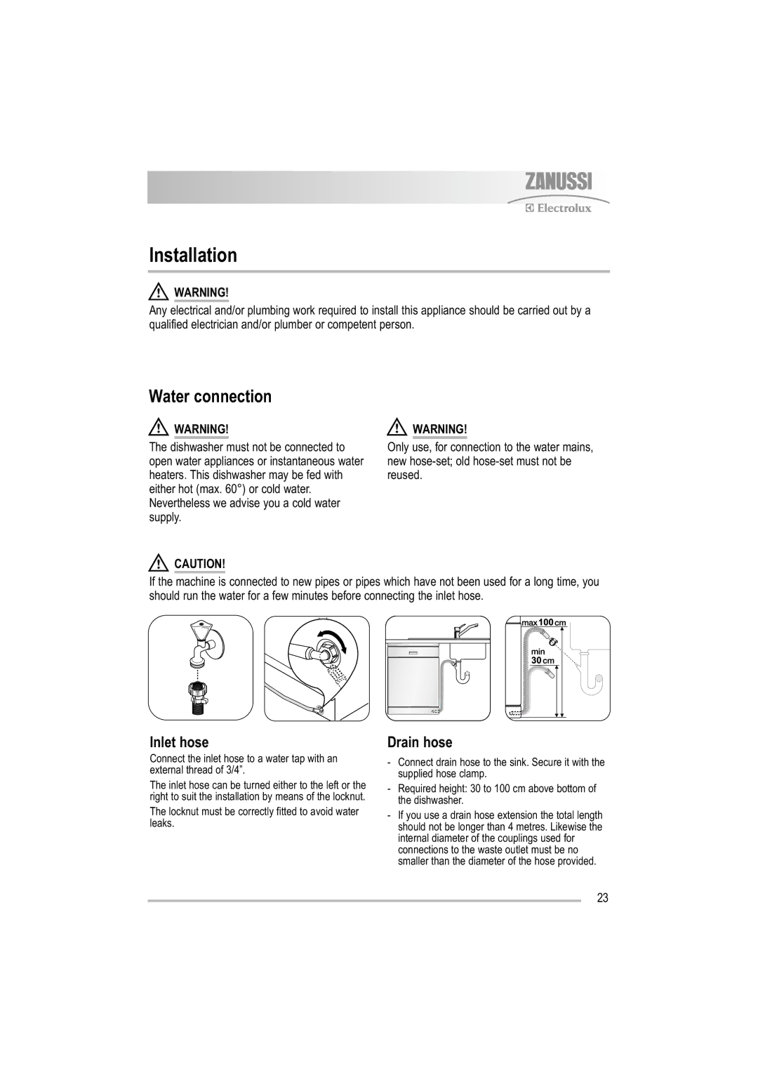 Zanussi ZDF 501 user manual Installation, Water connection 