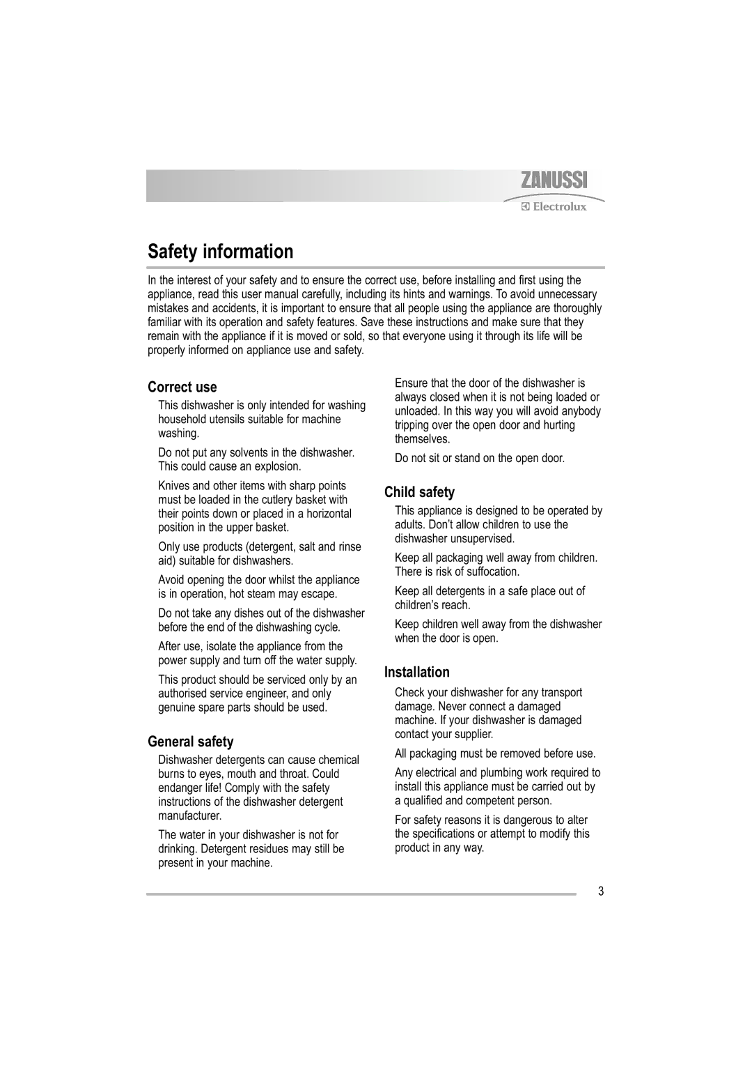 Zanussi ZDF 501 Safety information, Do not sit or stand on the open door, All packaging must be removed before use 