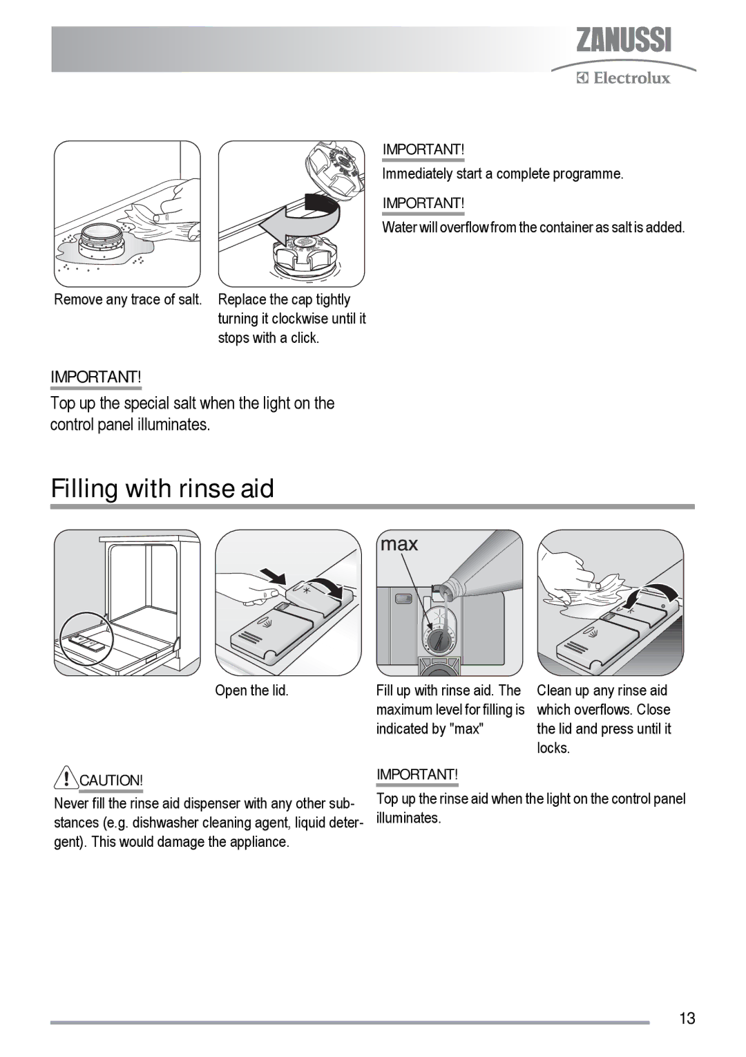 Zanussi ZDF 511 manual Filling with rinse aid 