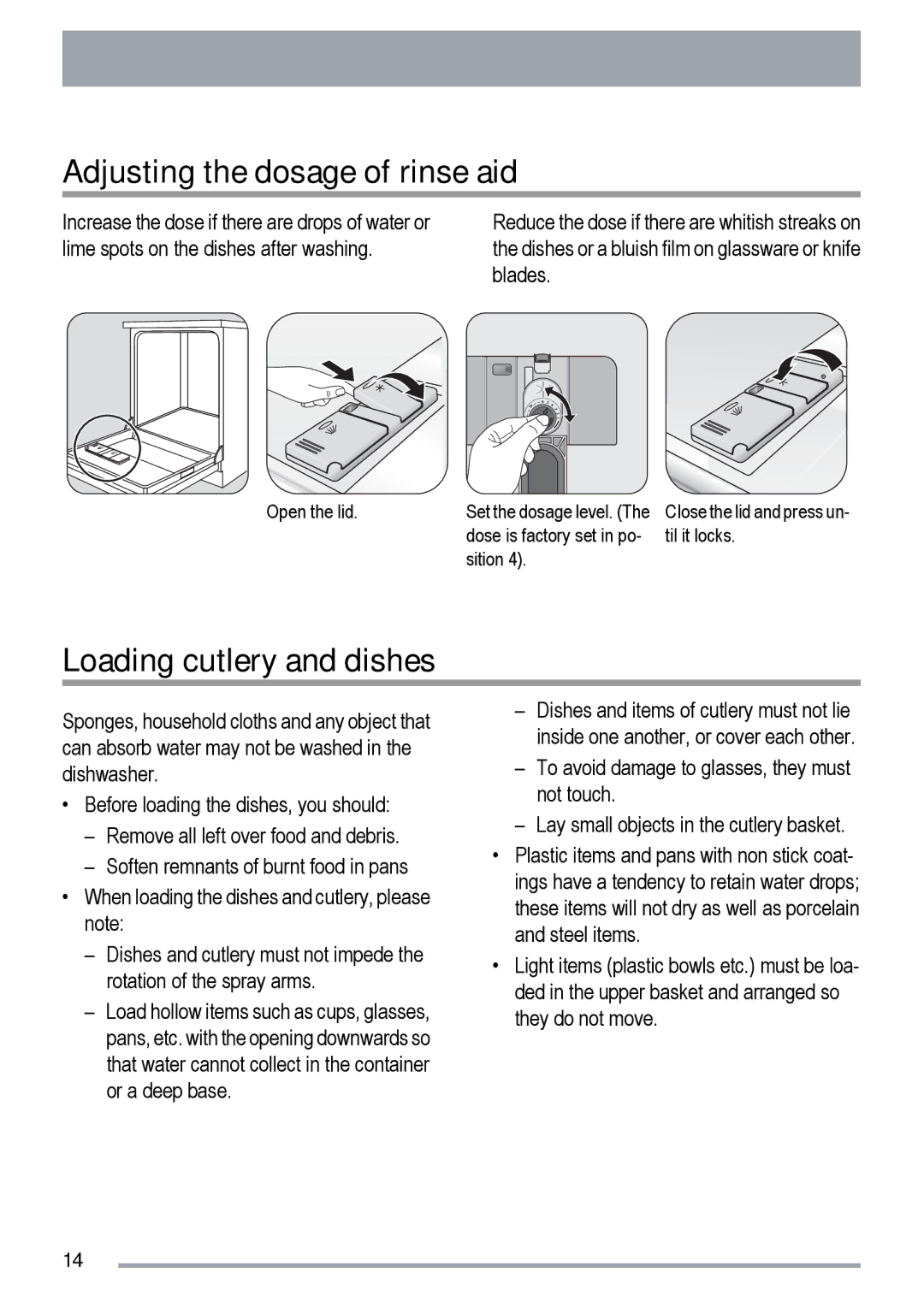 Zanussi ZDF 511 manual Adjusting the dosage of rinse aid, Loading cutlery and dishes 