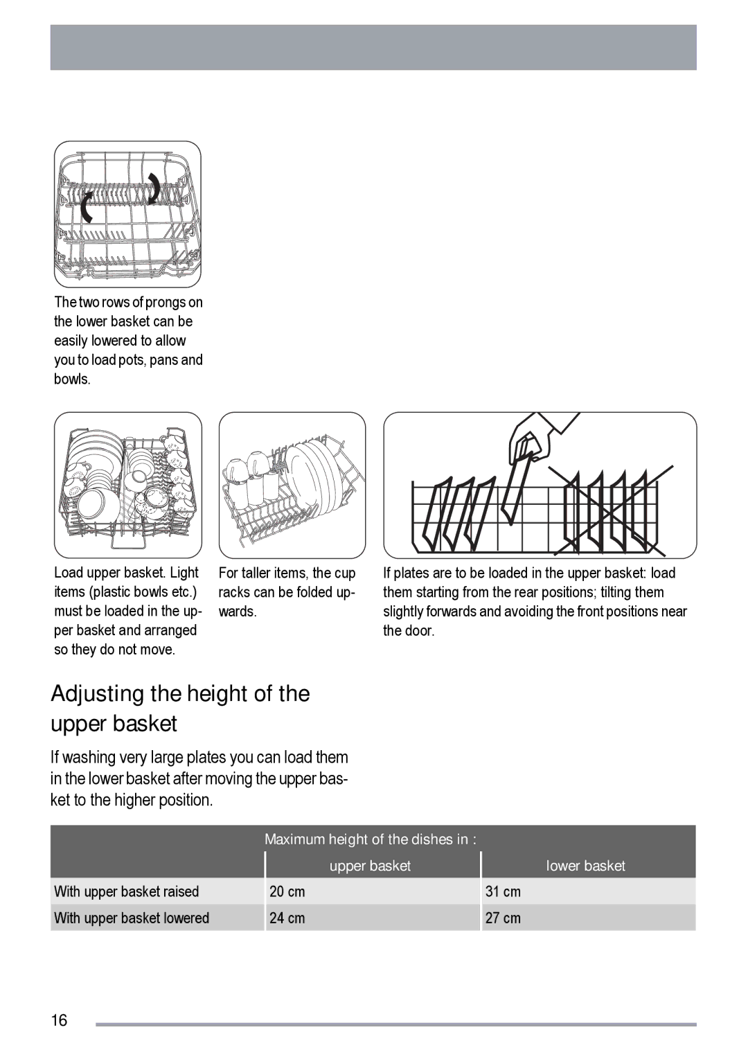 Zanussi ZDF 511 manual Adjusting the height of the upper basket, Maximum height of the dishes Upper basket, Lower basket 