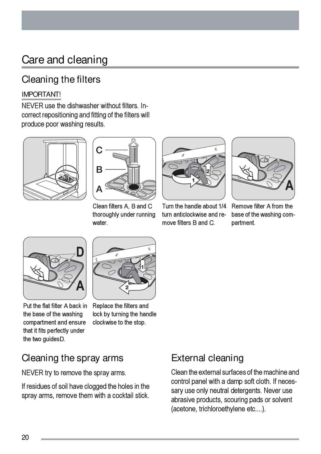 Zanussi ZDF 511 manual Care and cleaning, Cleaning the filters, Cleaning the spray arms, External cleaning 