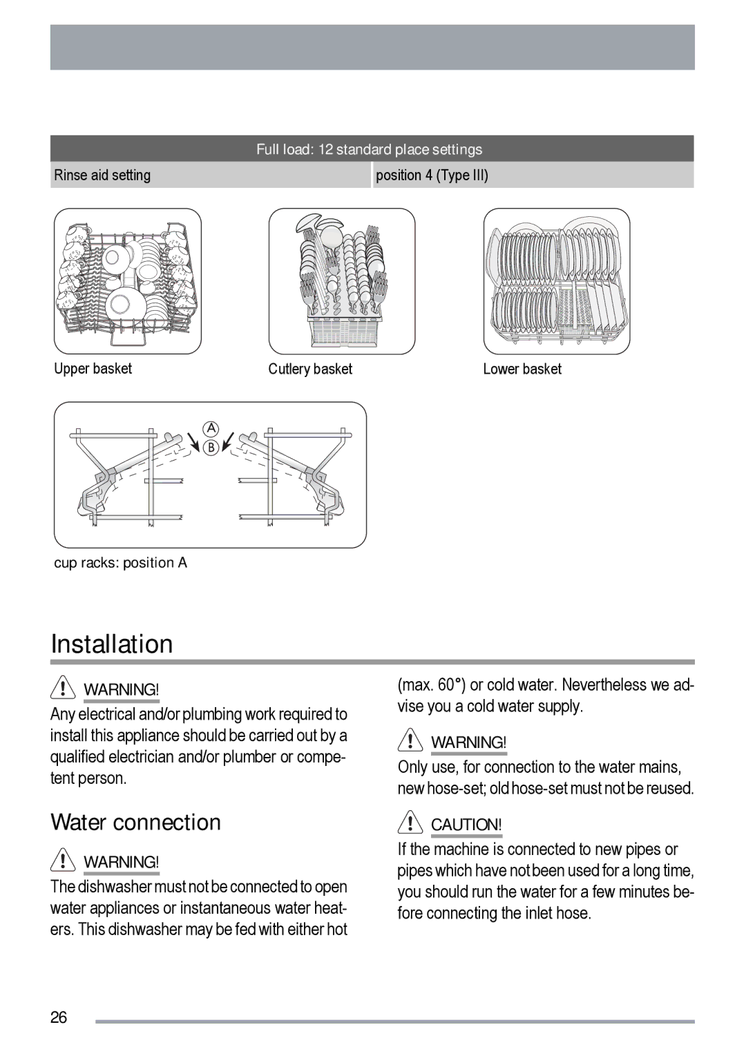 Zanussi ZDF 511 manual Installation, Water connection 