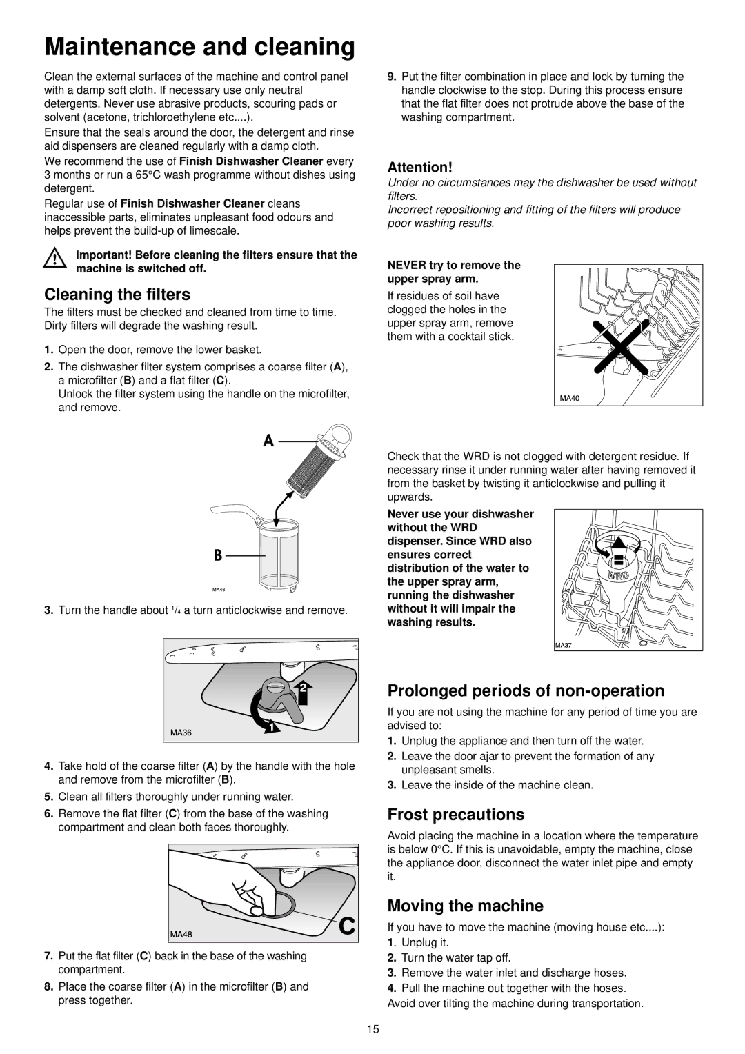 Zanussi ZDF 601 Maintenance and cleaning, Cleaning the filters, Prolonged periods of non-operation, Frost precautions 