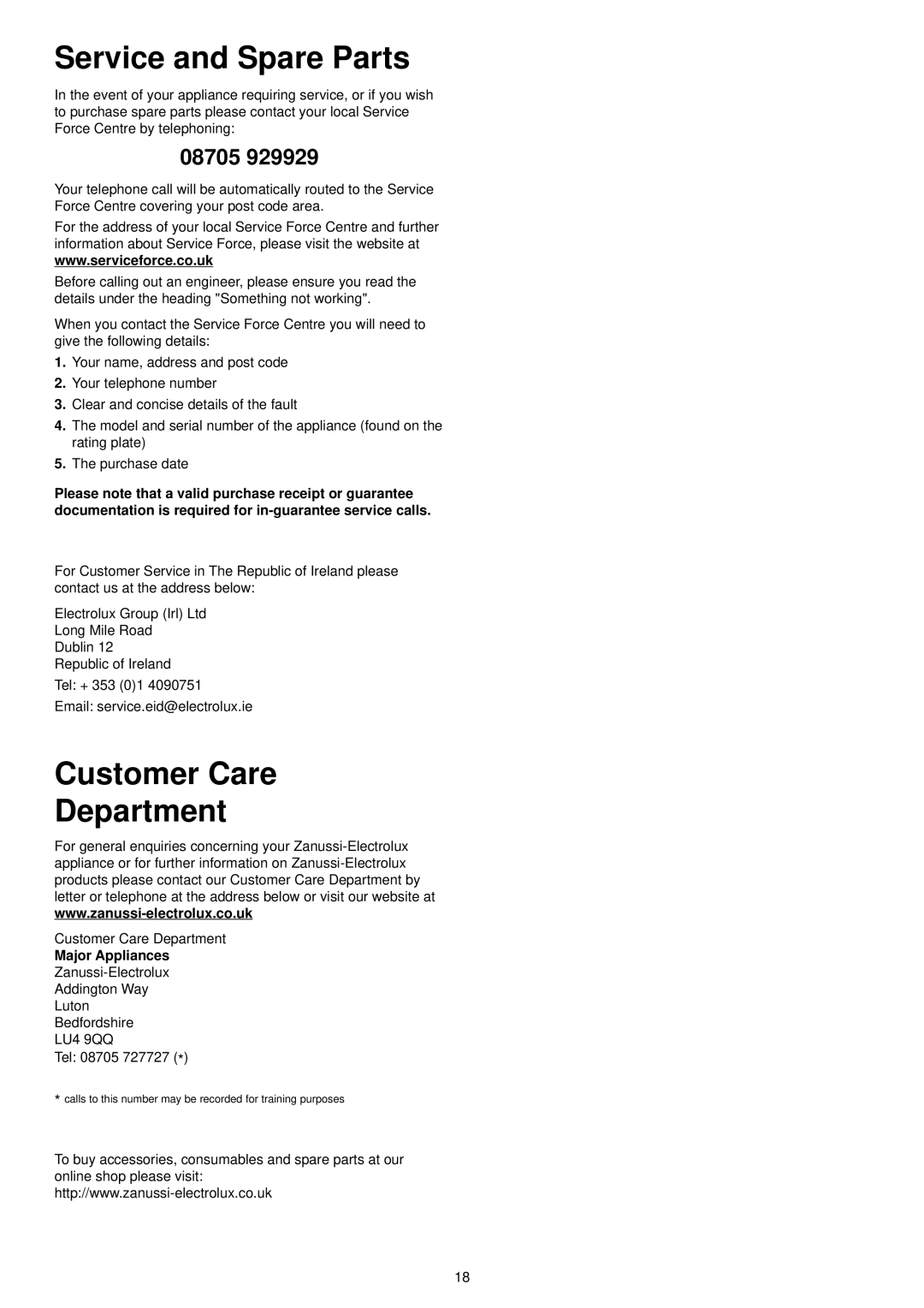 Zanussi ZDF 601 manual Service and Spare Parts, Customer Care Department, Major Appliances 