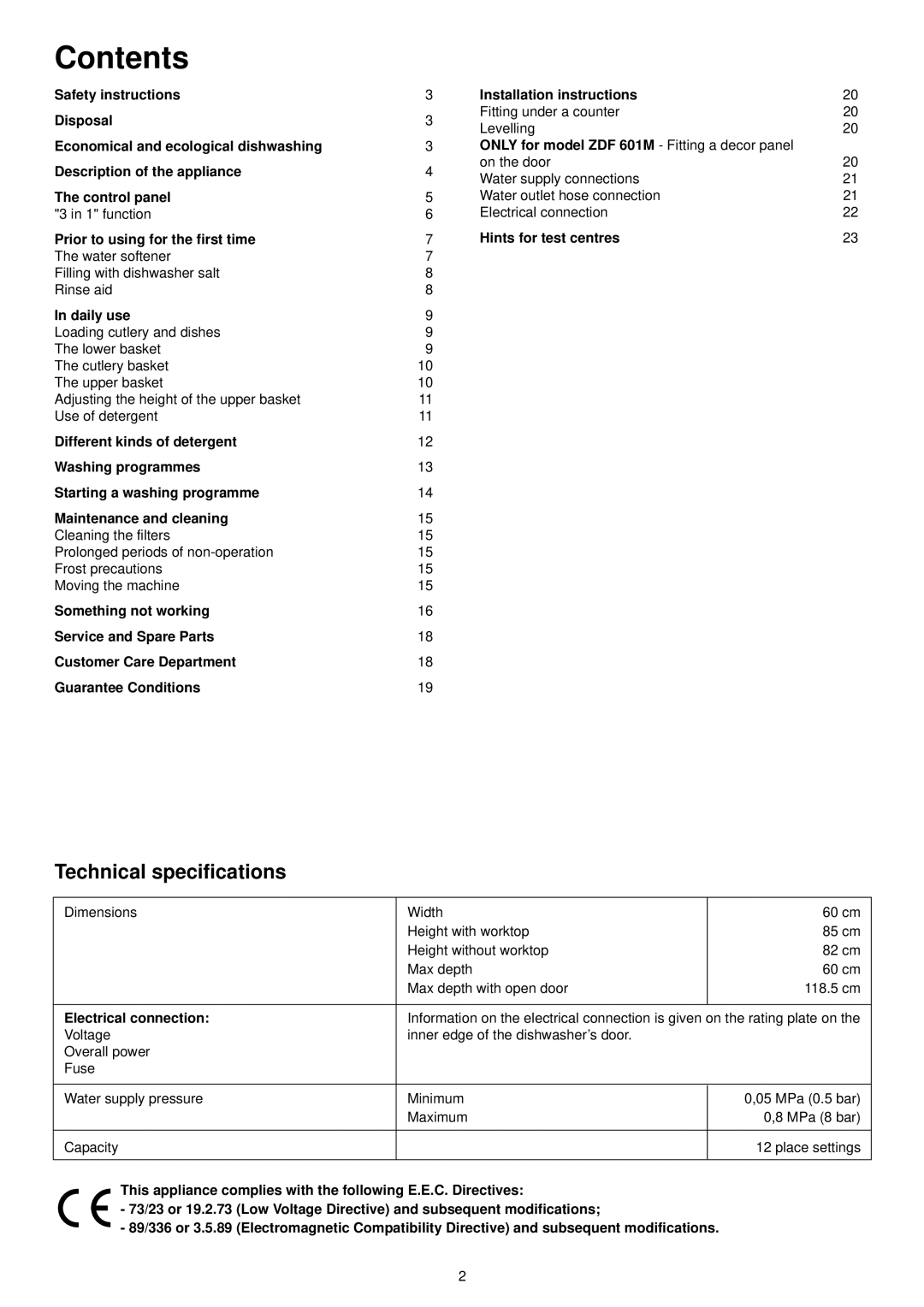 Zanussi ZDF 601 manual Contents 