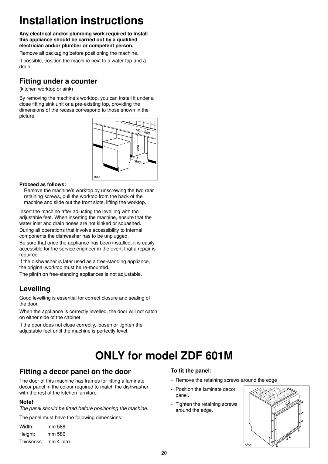 Zanussi manual Installation instructions, Only for model ZDF 601M, Fitting under a counter, Levelling 