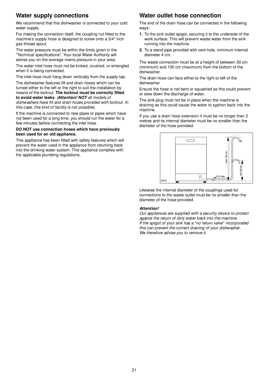 Zanussi ZDF 601 manual Water supply connections, Water outlet hose connection 