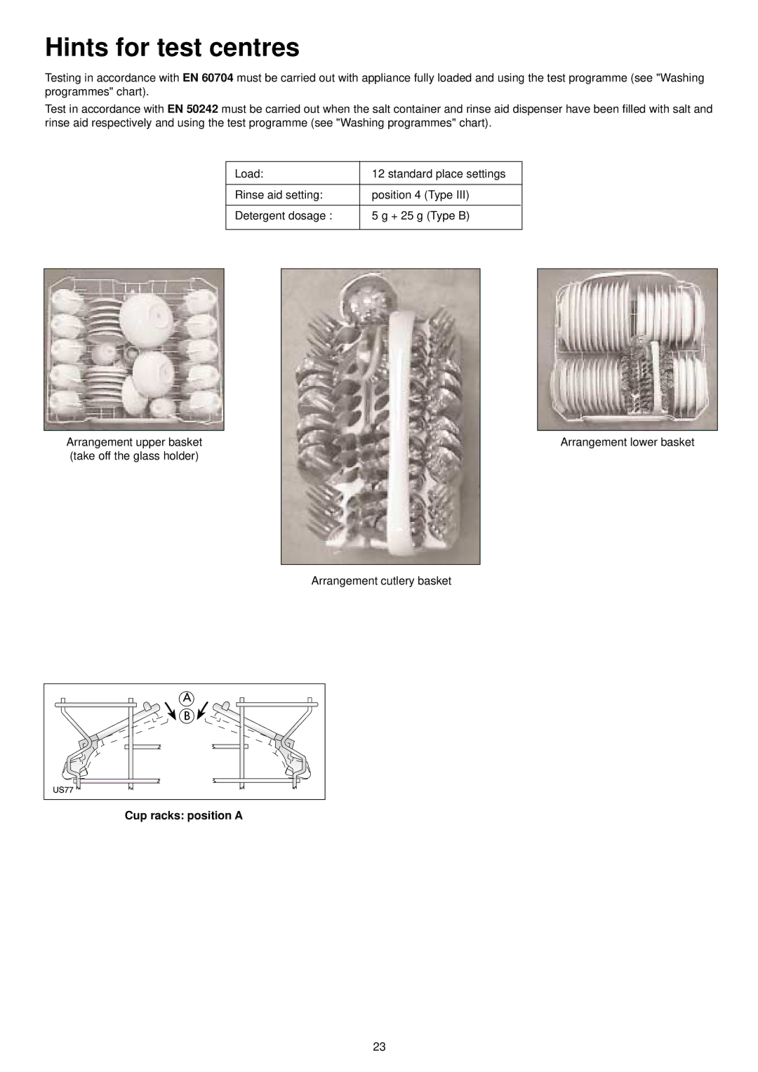 Zanussi ZDF 601 manual Hints for test centres, Cup racks position a 