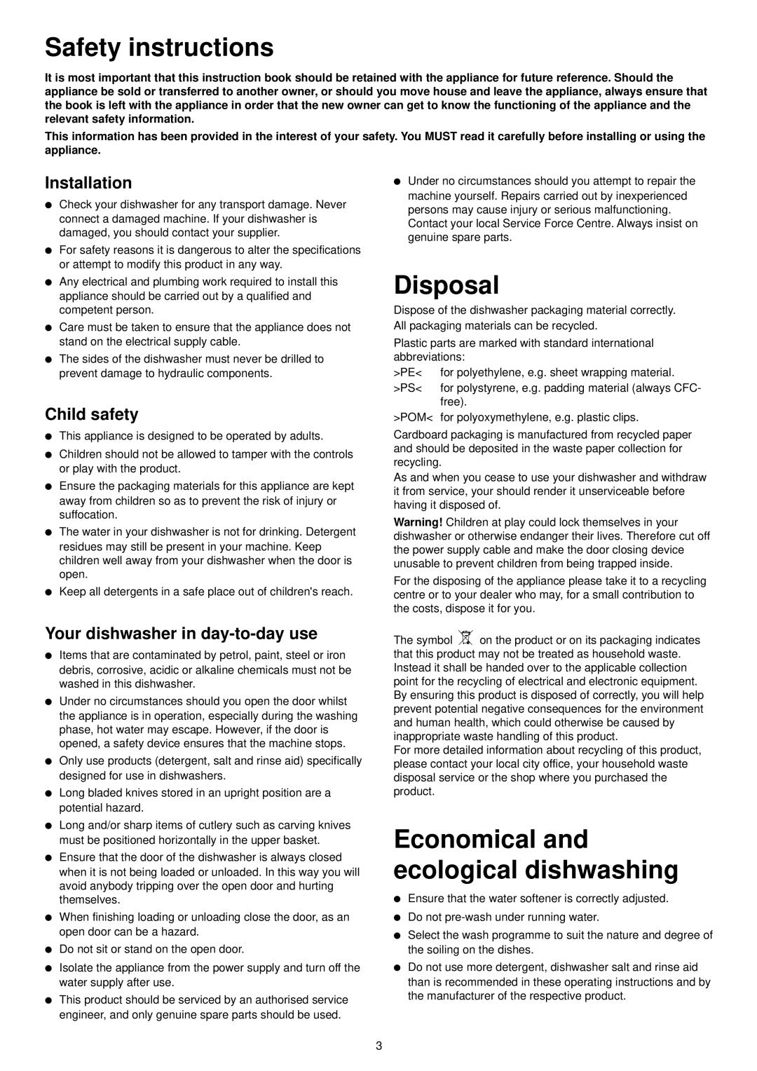 Zanussi ZDF 601 manual Safety instructions, Disposal, Installation, Child safety, Your dishwasher in day-to-day use 