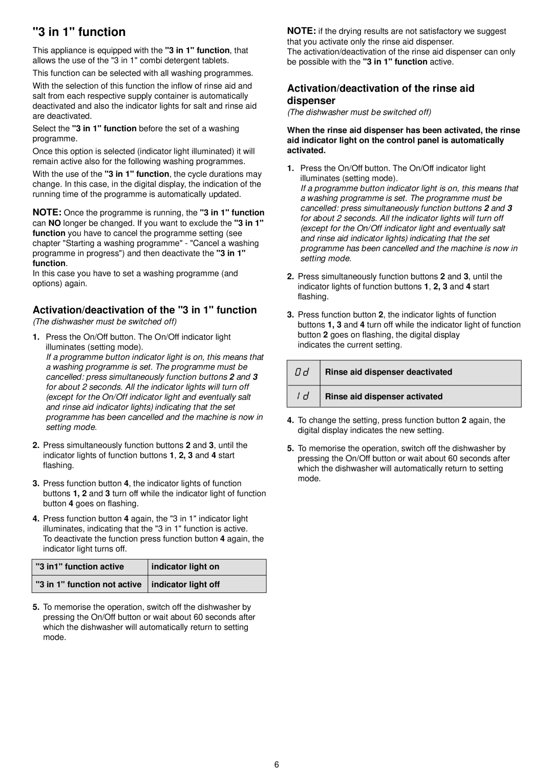 Zanussi ZDF 601 Activation/deactivation of the 3 in 1 function, Activation/deactivation of the rinse aid dispenser 