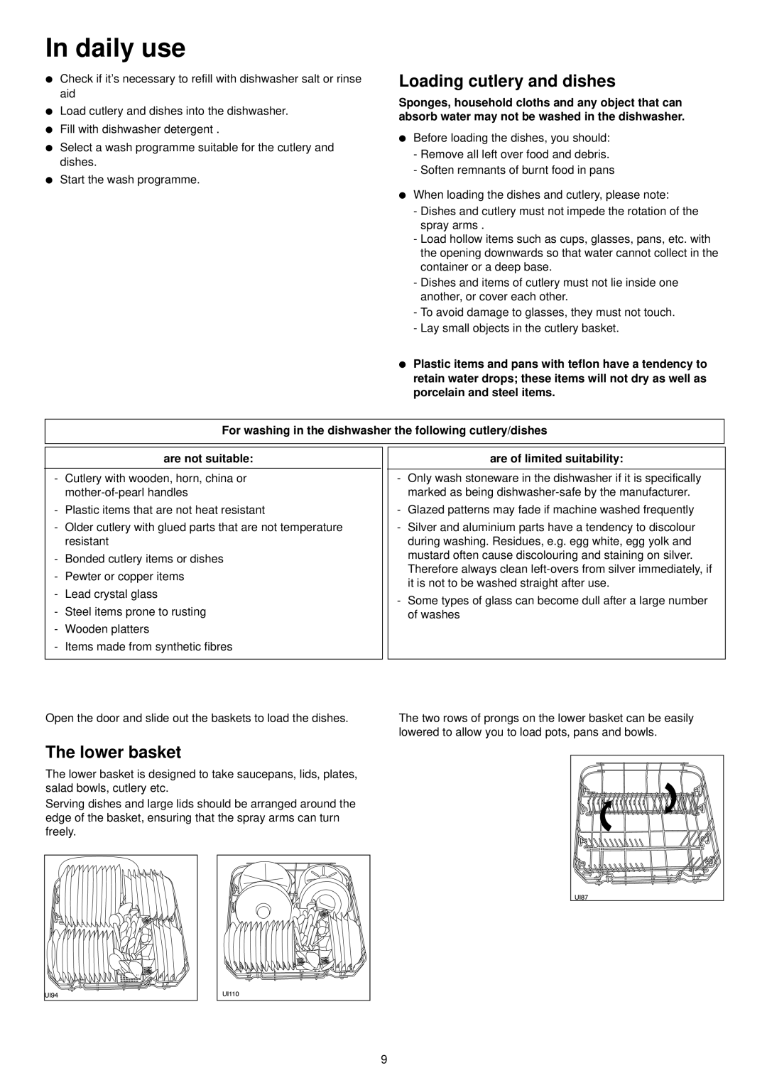 Zanussi ZDF 601 manual Daily use, Loading cutlery and dishes, Lower basket, Are of limited suitability 