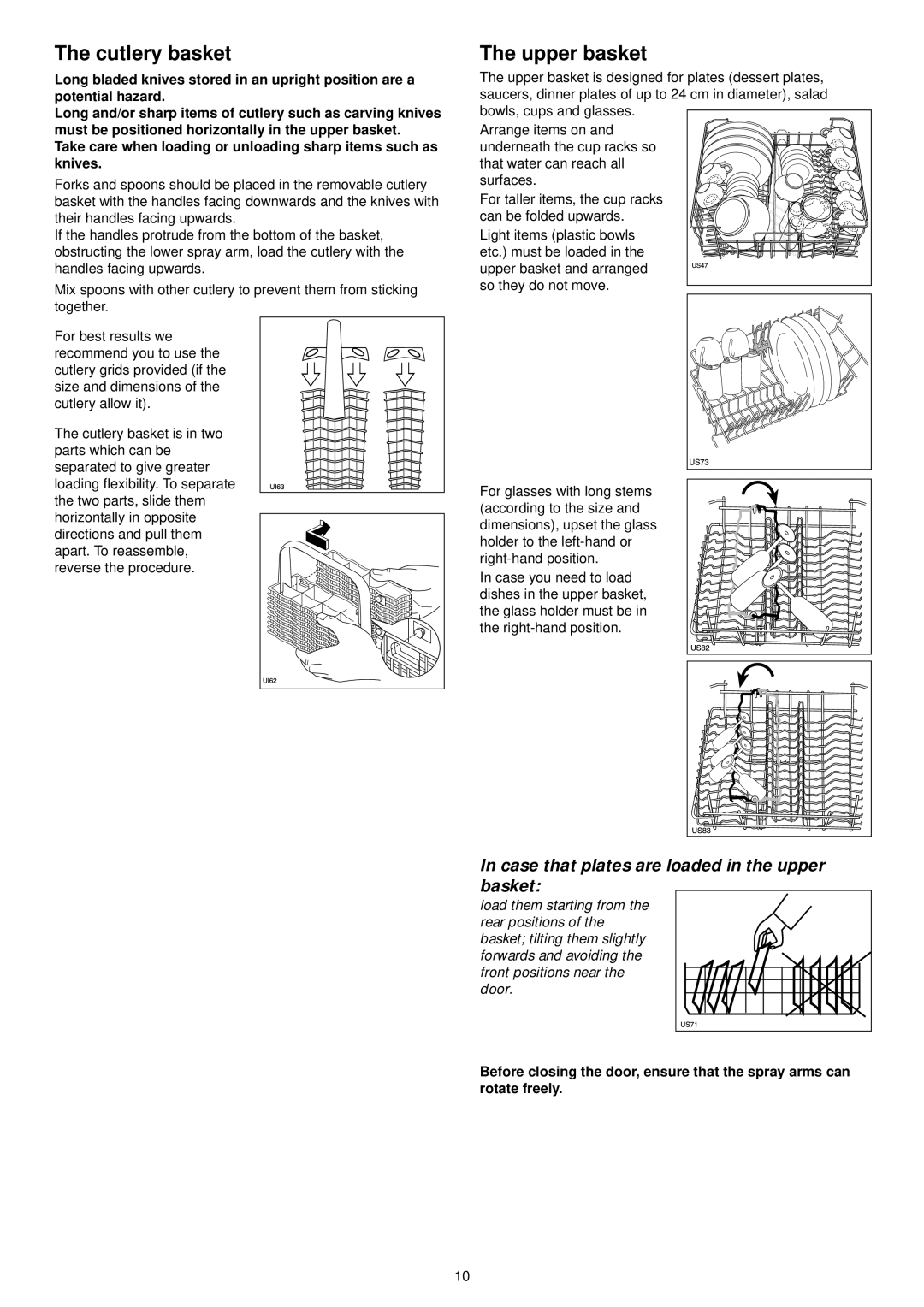 Zanussi ZDF 601 manual The cutlery basket, The upper basket, In case that plates are loaded in the upper basket 