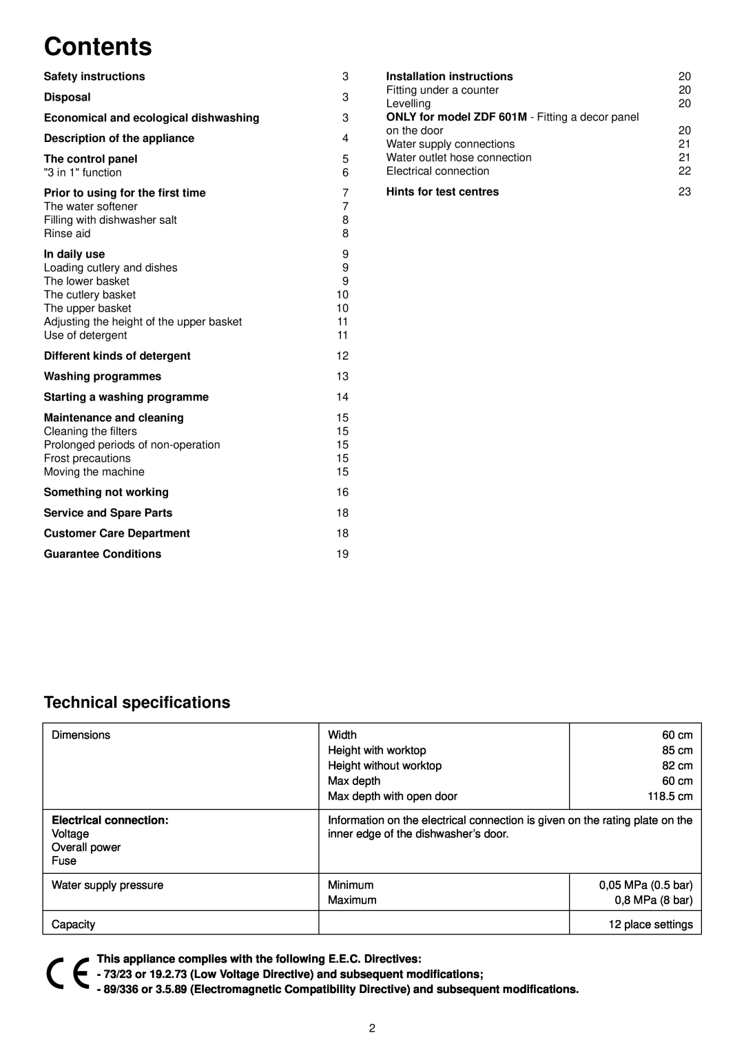 Zanussi ZDF 601 manual Contents, Technical specifications 