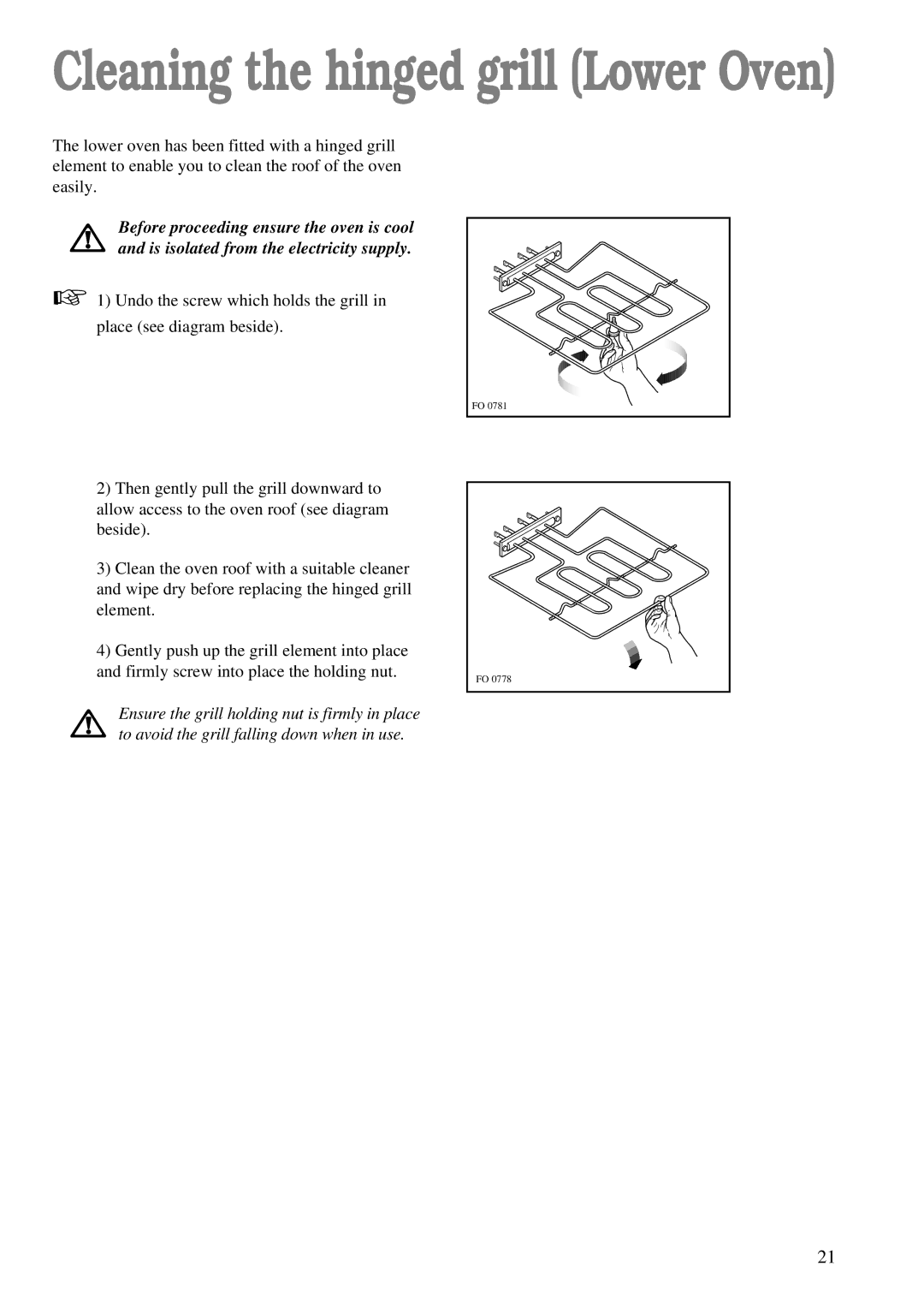 Zanussi ZDF 866 manual Cleaning the hinged grill Lower Oven 