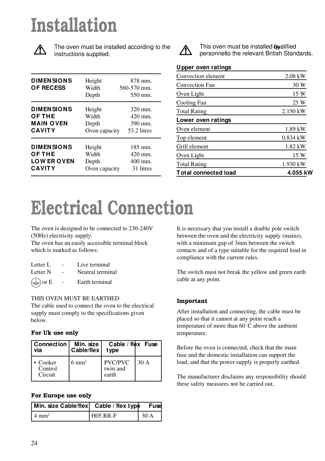 Zanussi ZDF 866 manual Installation, Electrical Connection, Dimensions, Recess, Cavity 