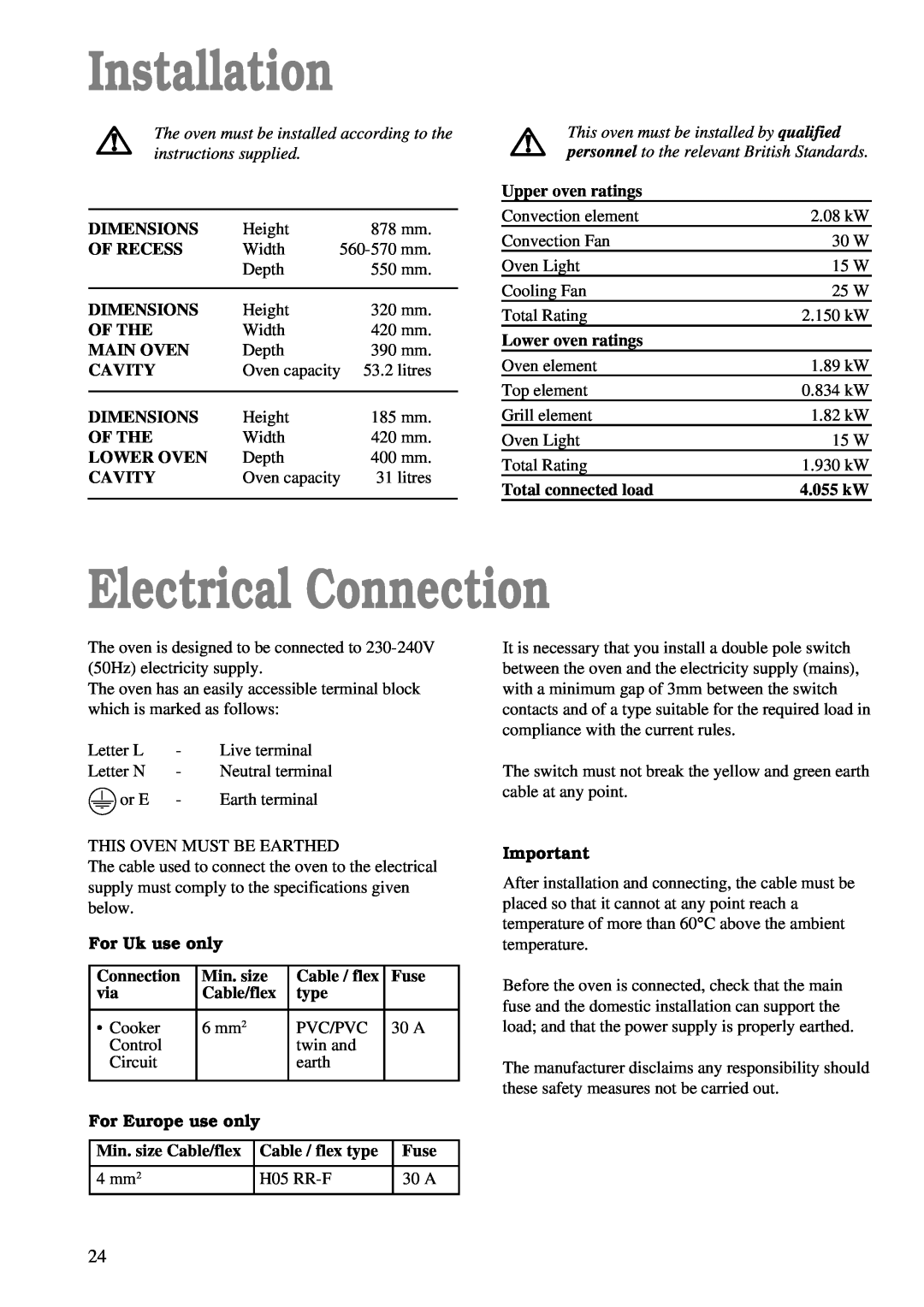 Zanussi ZDF 866 Installation, Electrical Connection, The oven must be installed according to the instructions supplied 