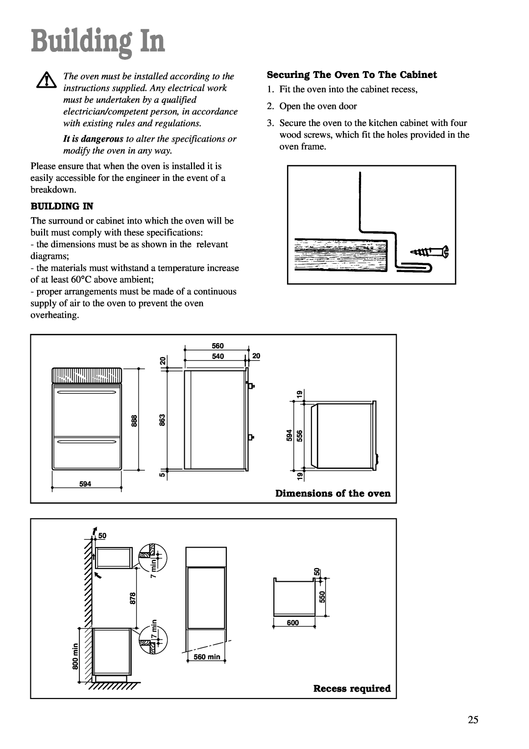 Zanussi ZDF 866 manual Building In, Securing The Oven To The Cabinet, Dimensions of the oven, Recess required 