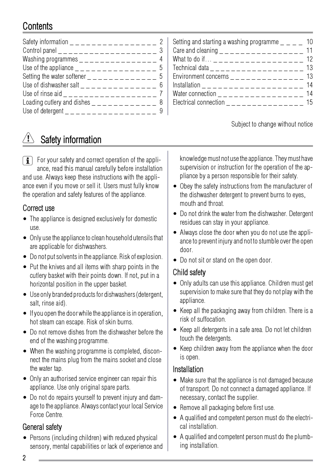 Zanussi ZDF2020, 156985811-00-082009 user manual Contents, Safety information 