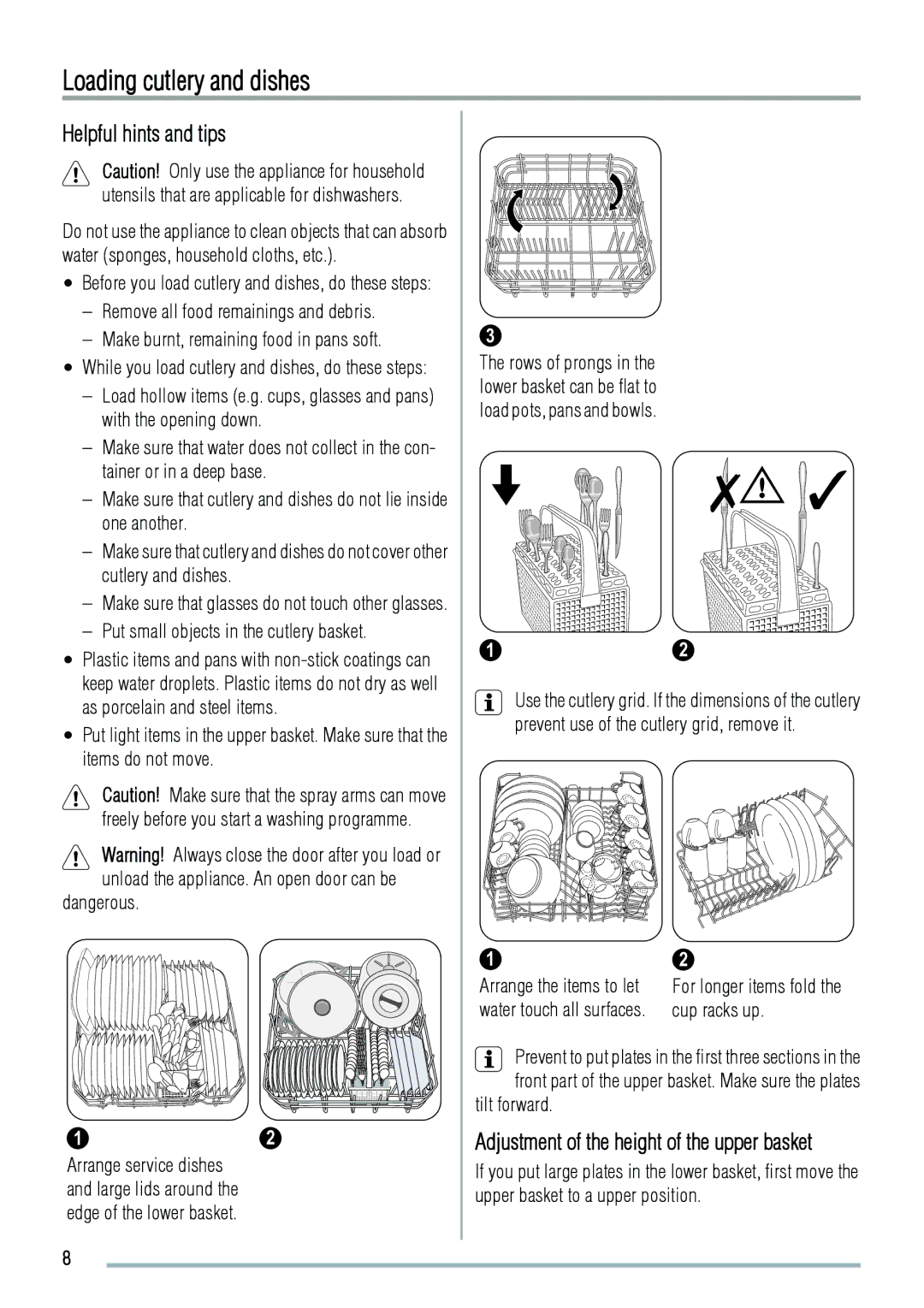 Zanussi ZDF2020 Loading cutlery and dishes, Helpful hints and tips, Adjustment of the height of the upper basket 