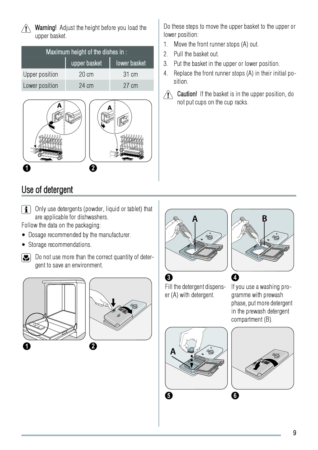 Zanussi 156985811-00-082009, ZDF2020 user manual Use of detergent, Maximum height of the dishes 