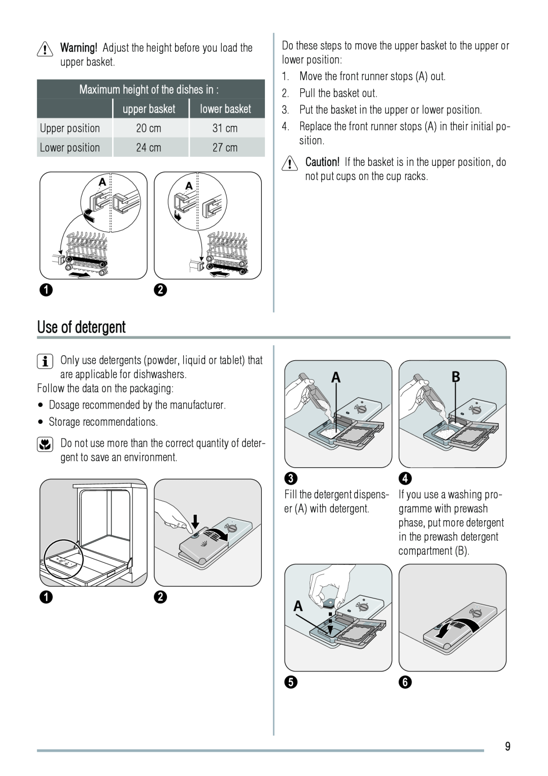 Zanussi 156985811-00-082009, ZDF2020 user manual Use of detergent, Maximum height of the dishes in 